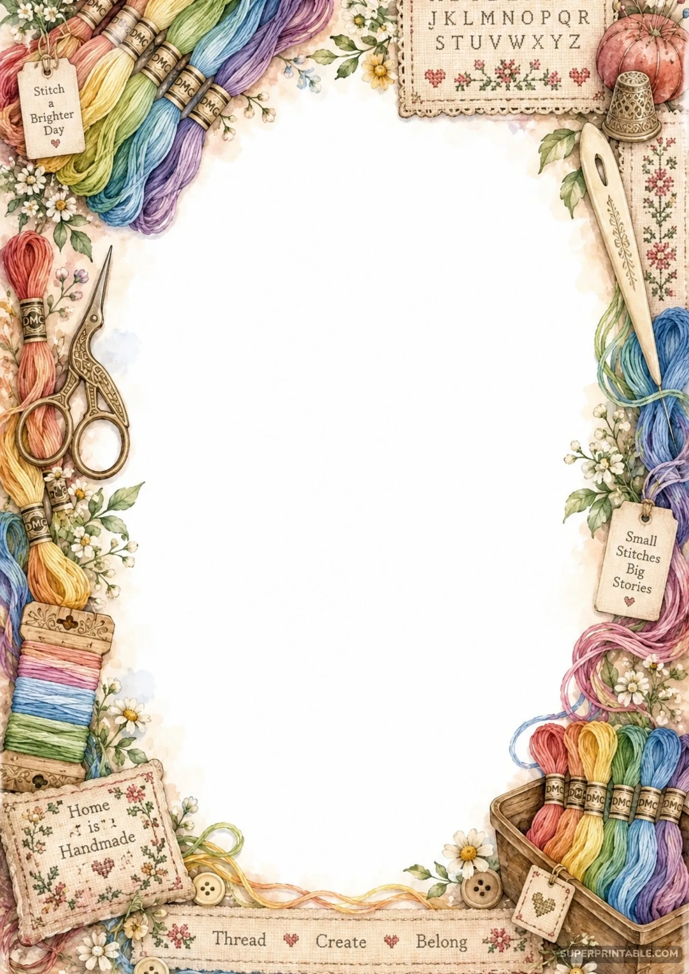 Colorful rainbow embroidery floss skeins and cross stitch sampler border page on antique linen.