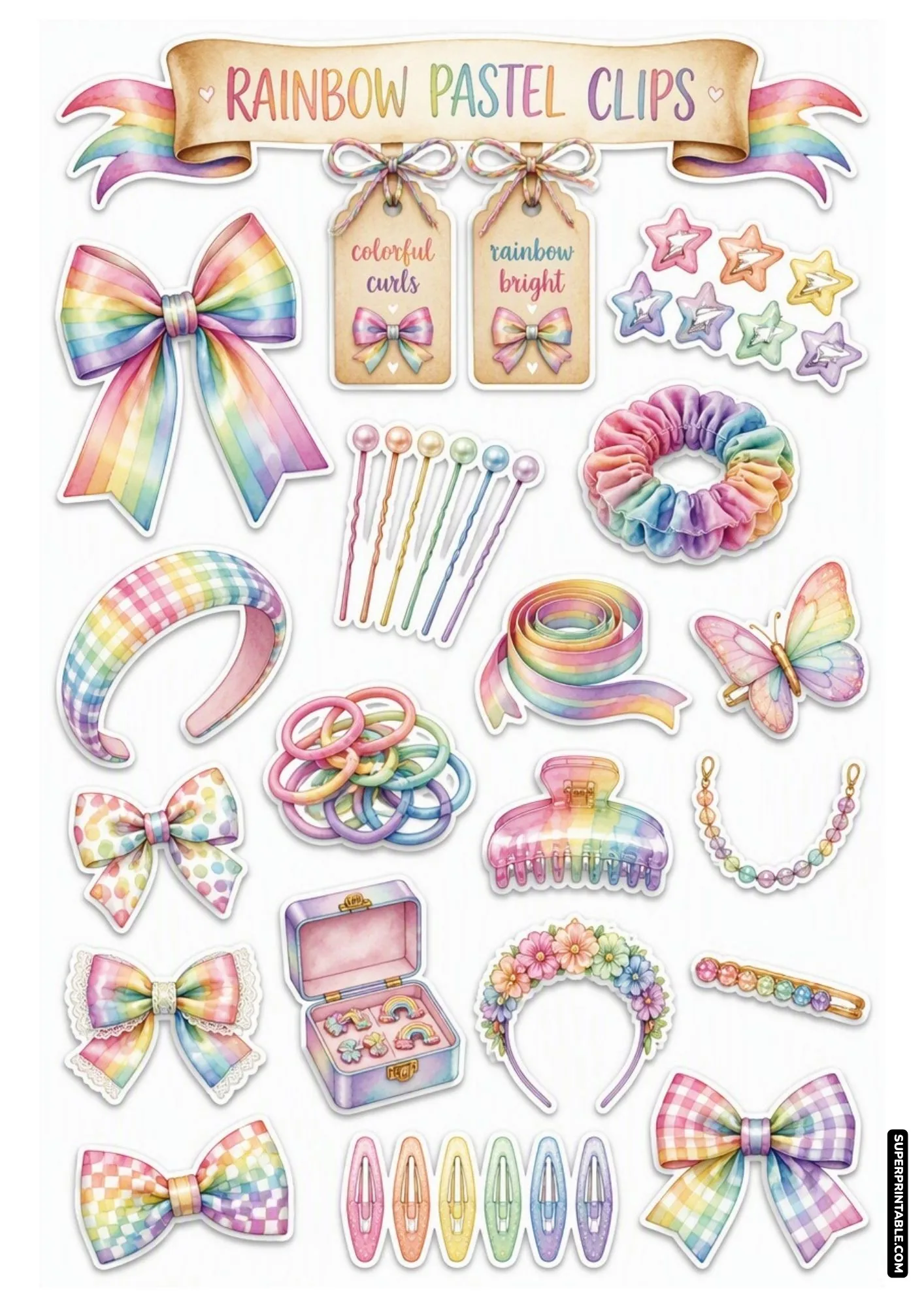 Rainbow pastel decorative stickers with colorful hair clips, gradient bows, and star pins.