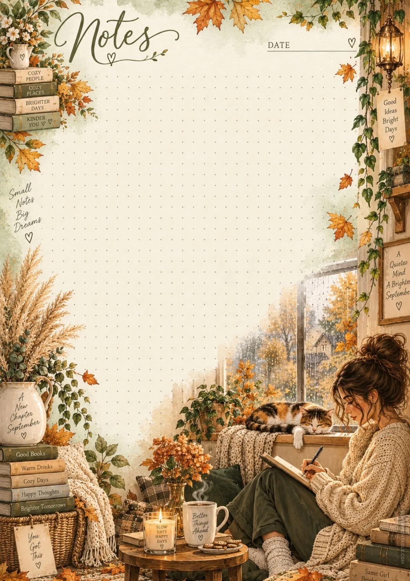 Cozy rainy autumn window note page template with a calico cat sleeping by autumn trees.