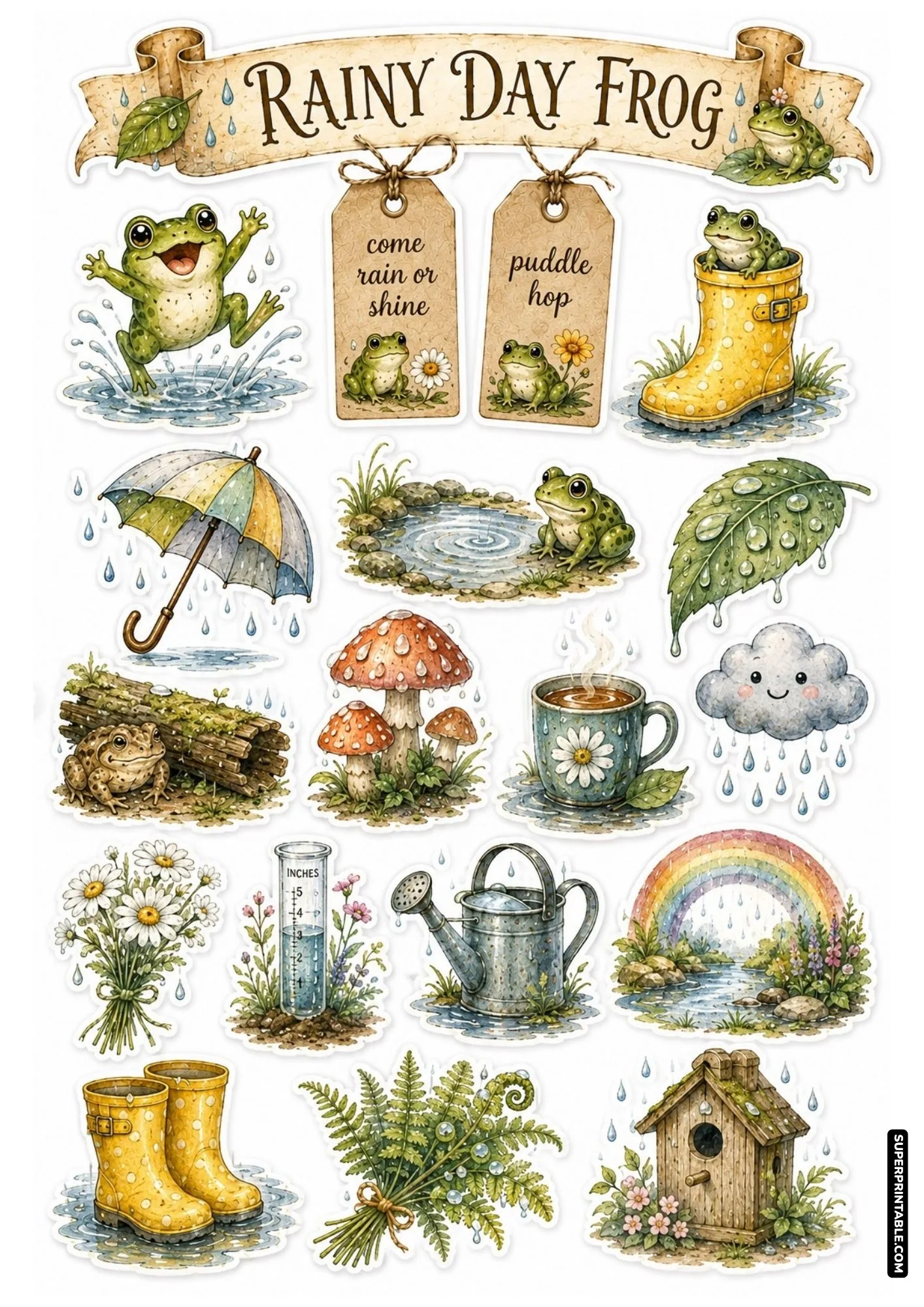 Rainy day frog sticker sheet featuring yellow rain boots, umbrella, raindrops, rain cloud, rainbow, and puddle frog.