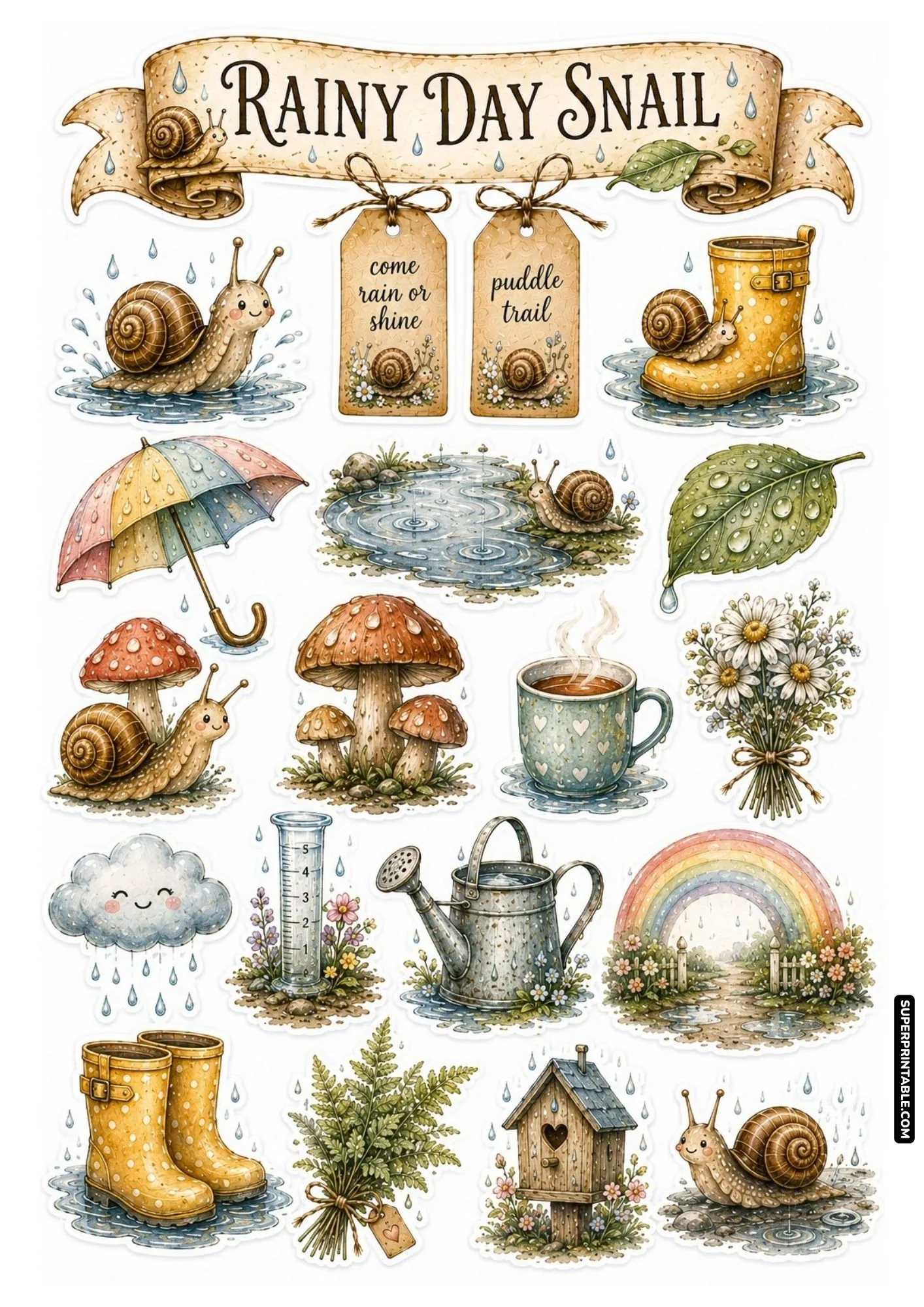 Cozy rainy day snail sticker sheet with yellow polka dot rain boots, rainbow, cloud, and mushrooms.