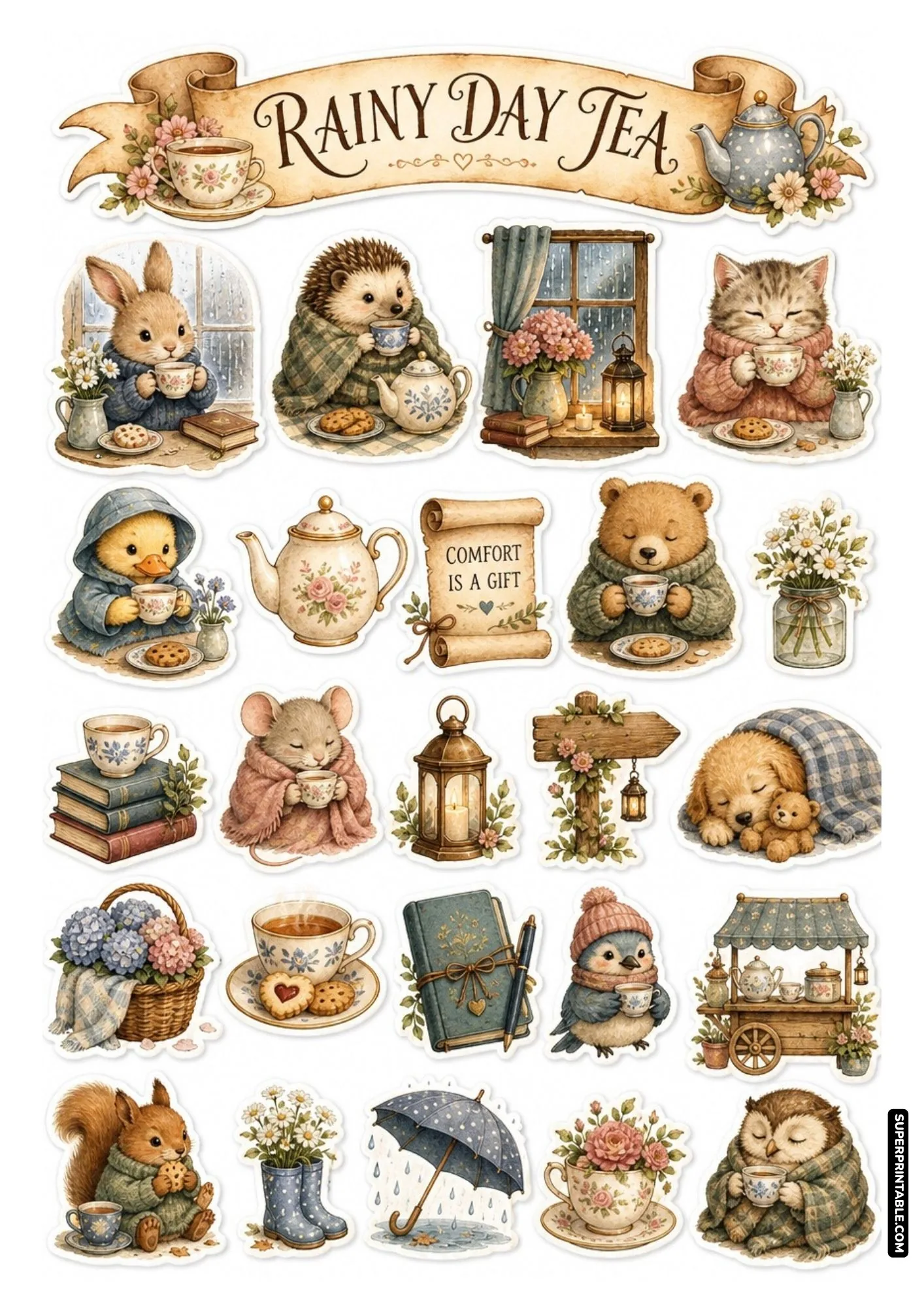Tea time critters printable stickers sheet featuring cozy watercolor animals drinking tea on a rainy day.