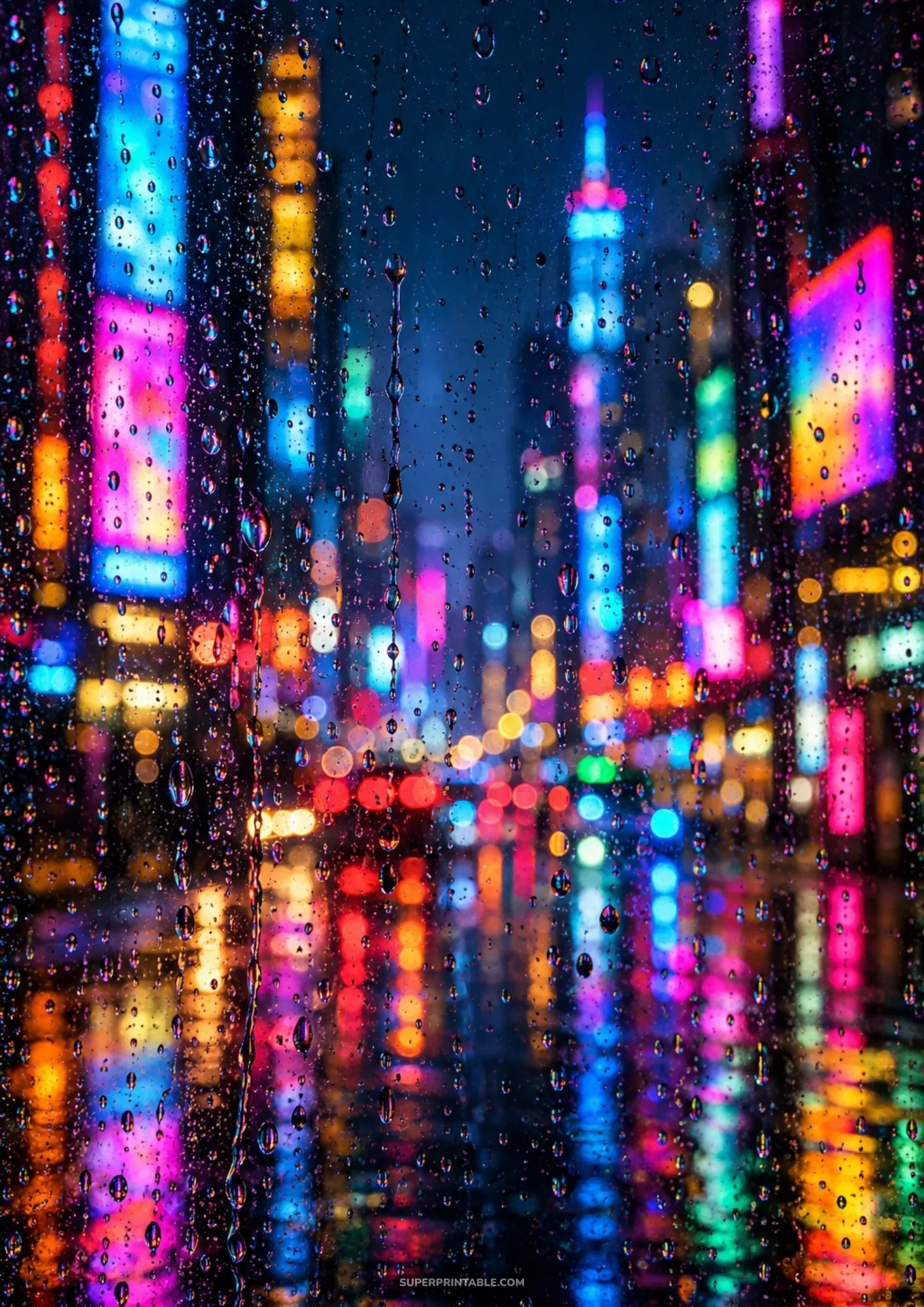 Raindrops on window pane overlooking night city bokeh with colorful glowing skyscraper neon billboards