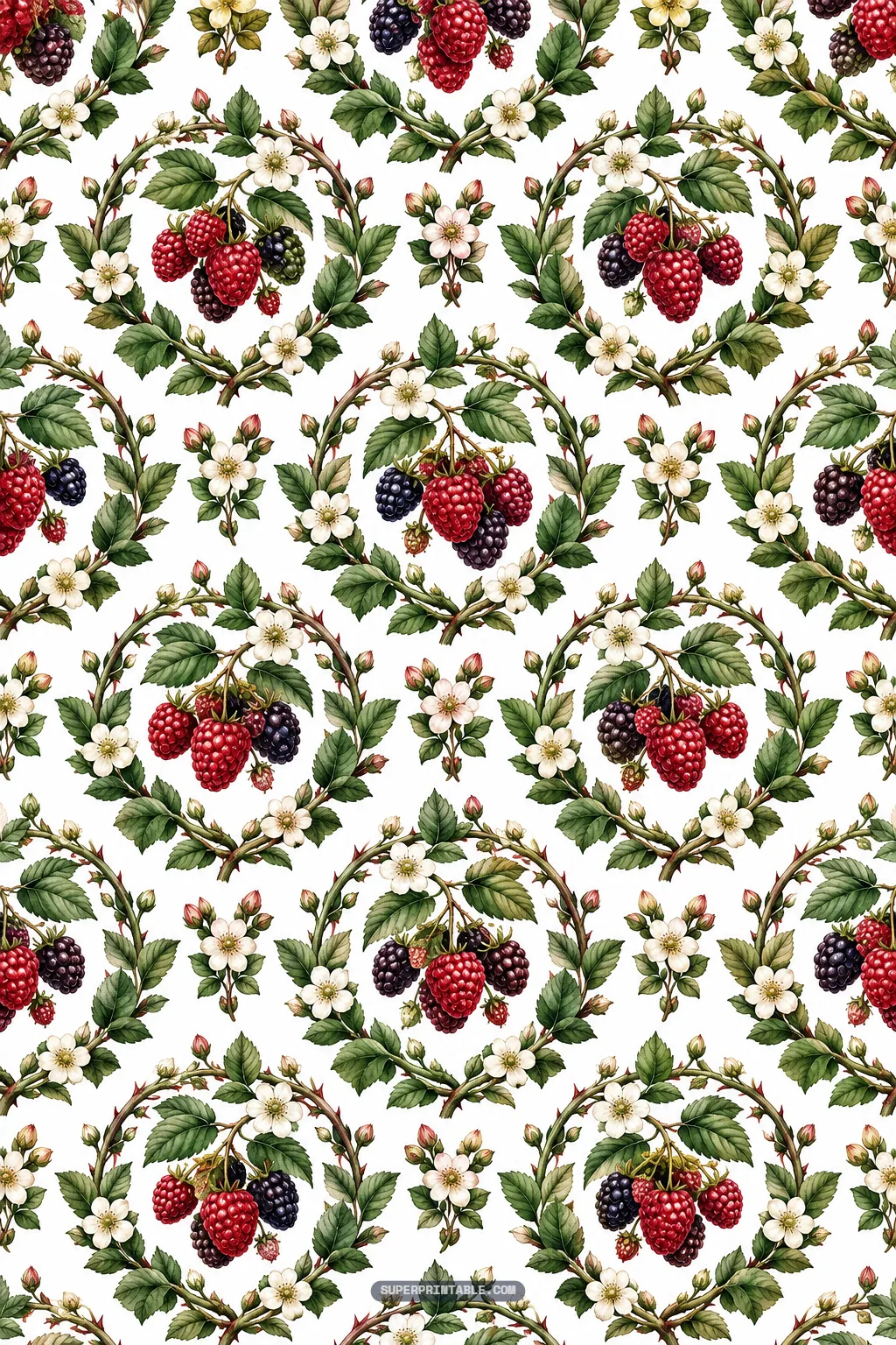 Circular blackberry bramble digital papers wreath pattern with wild berry blossoms