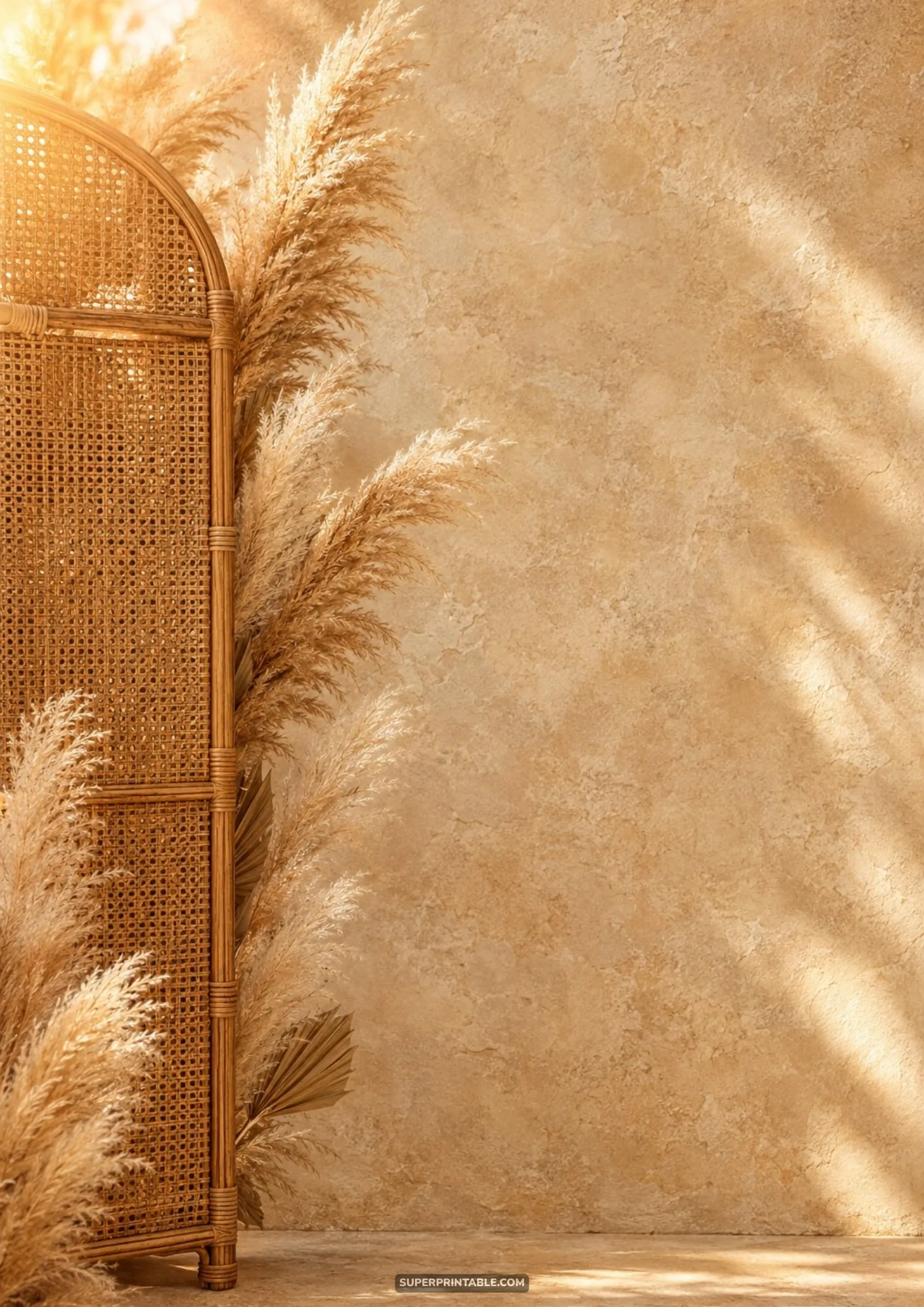 Arched rattan room divider screen paired with tall pampas grass plumes against warm textured wall.
