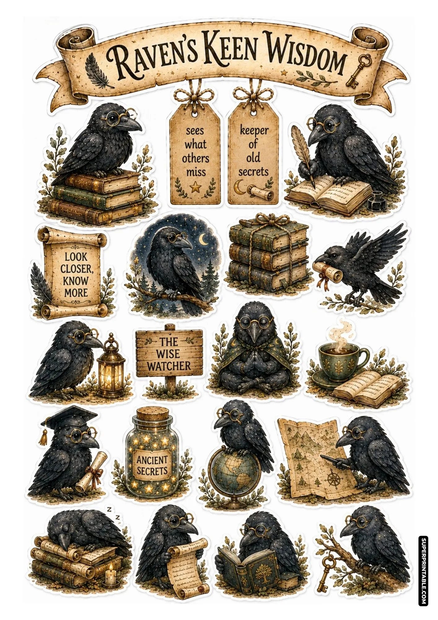 Intelligent black raven sticker sheet with vintage quills, old secret scrolls, keys, and starry night skies.
