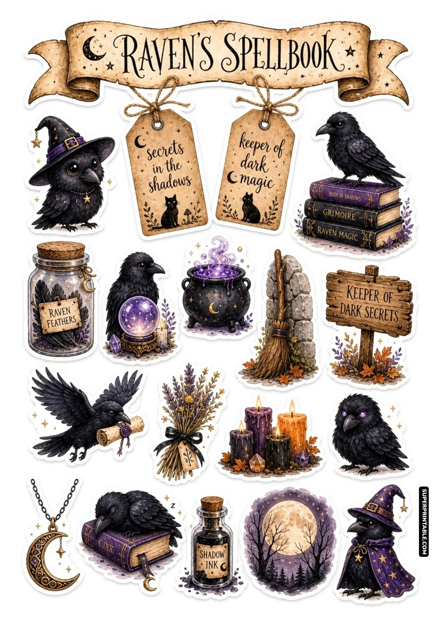 Mystical printable witchy familiars sticker sheets design filled with dark ravens and spellbooks.
