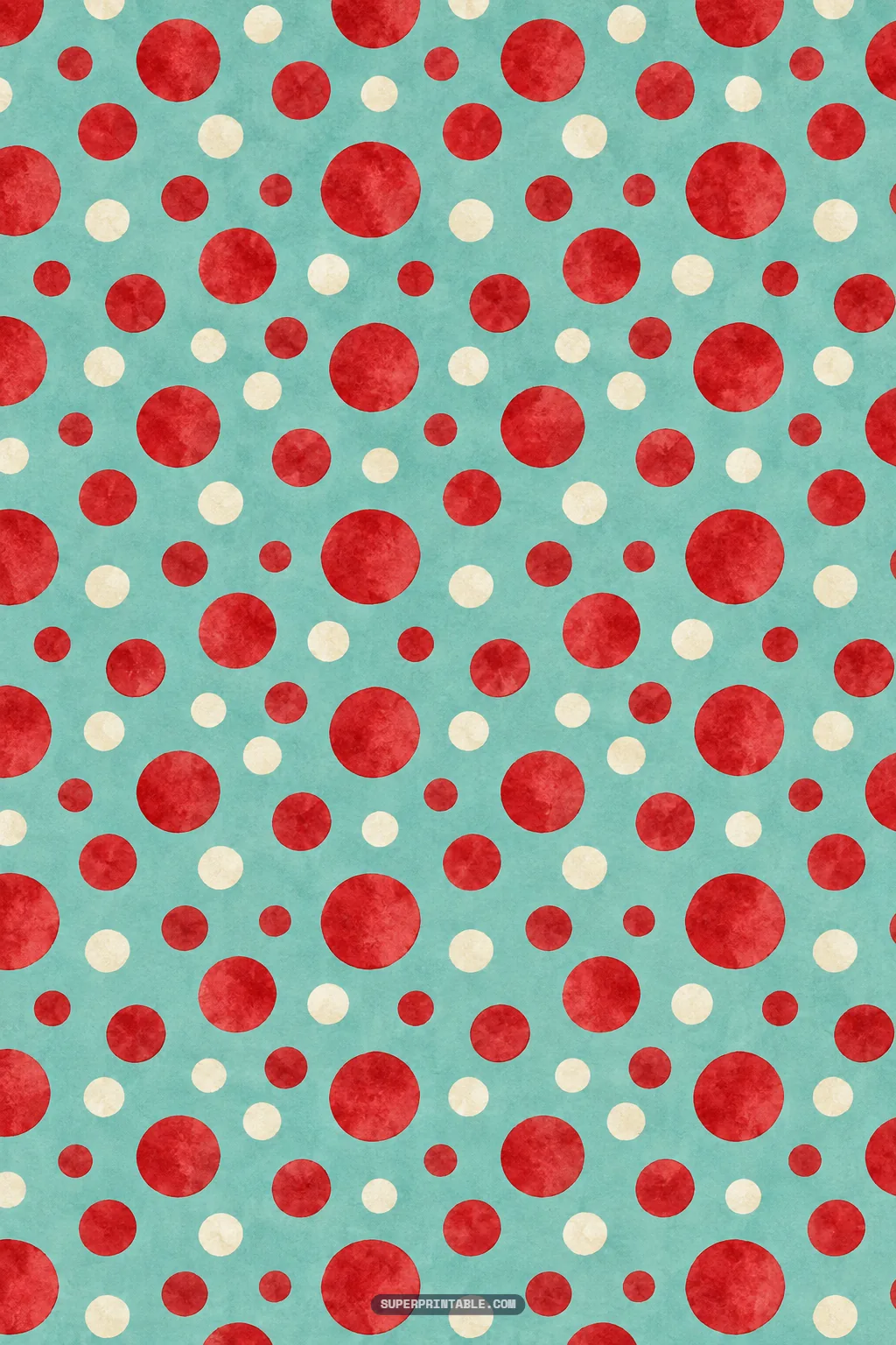 Assorted cherry red and cream watercolor polka dots scattered over a smooth turquoise teal backdrop