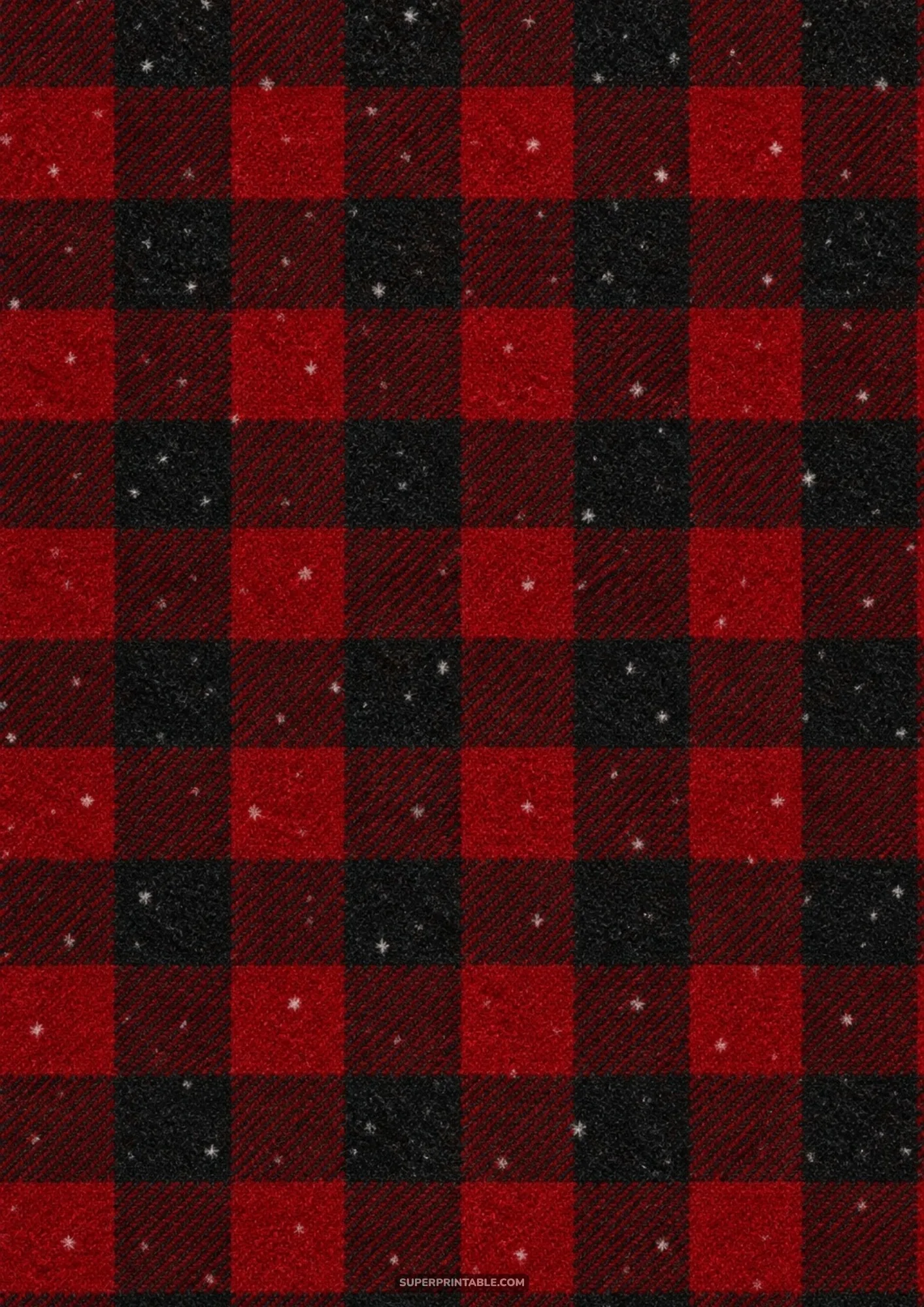 Classic red and black buffalo check plaid flannel texture sprinkled with delicate white snowflakes