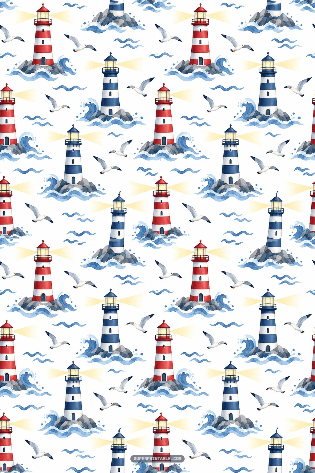 Beaming red and navy lighthouses standing on rocky shores with crashing ocean waves and flying seagulls