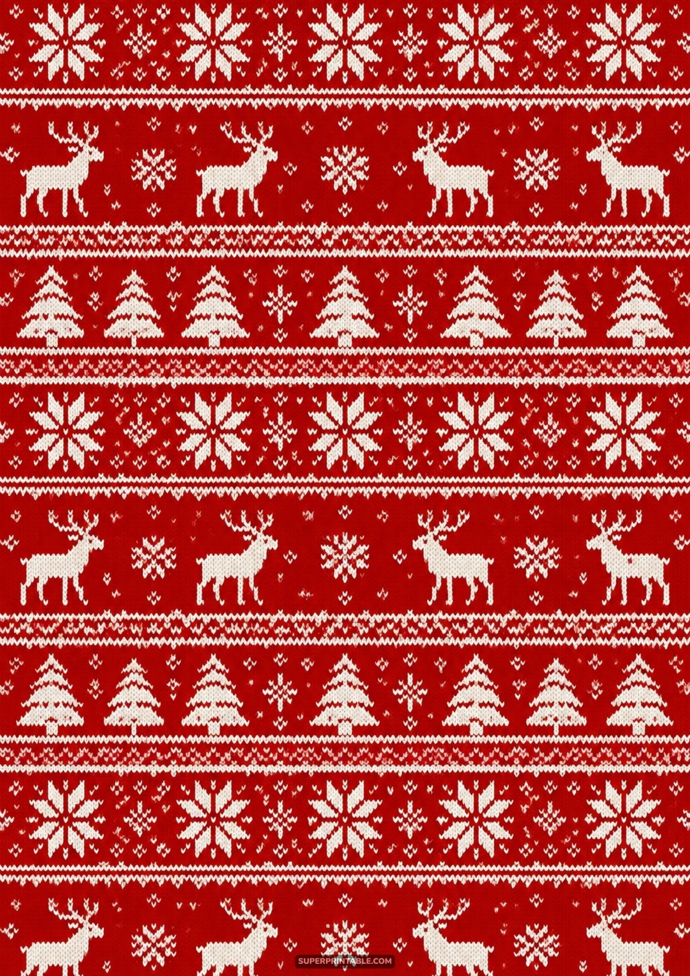 Crimson knitted Scandinavian Fair Isle pattern with white reindeer and trees
