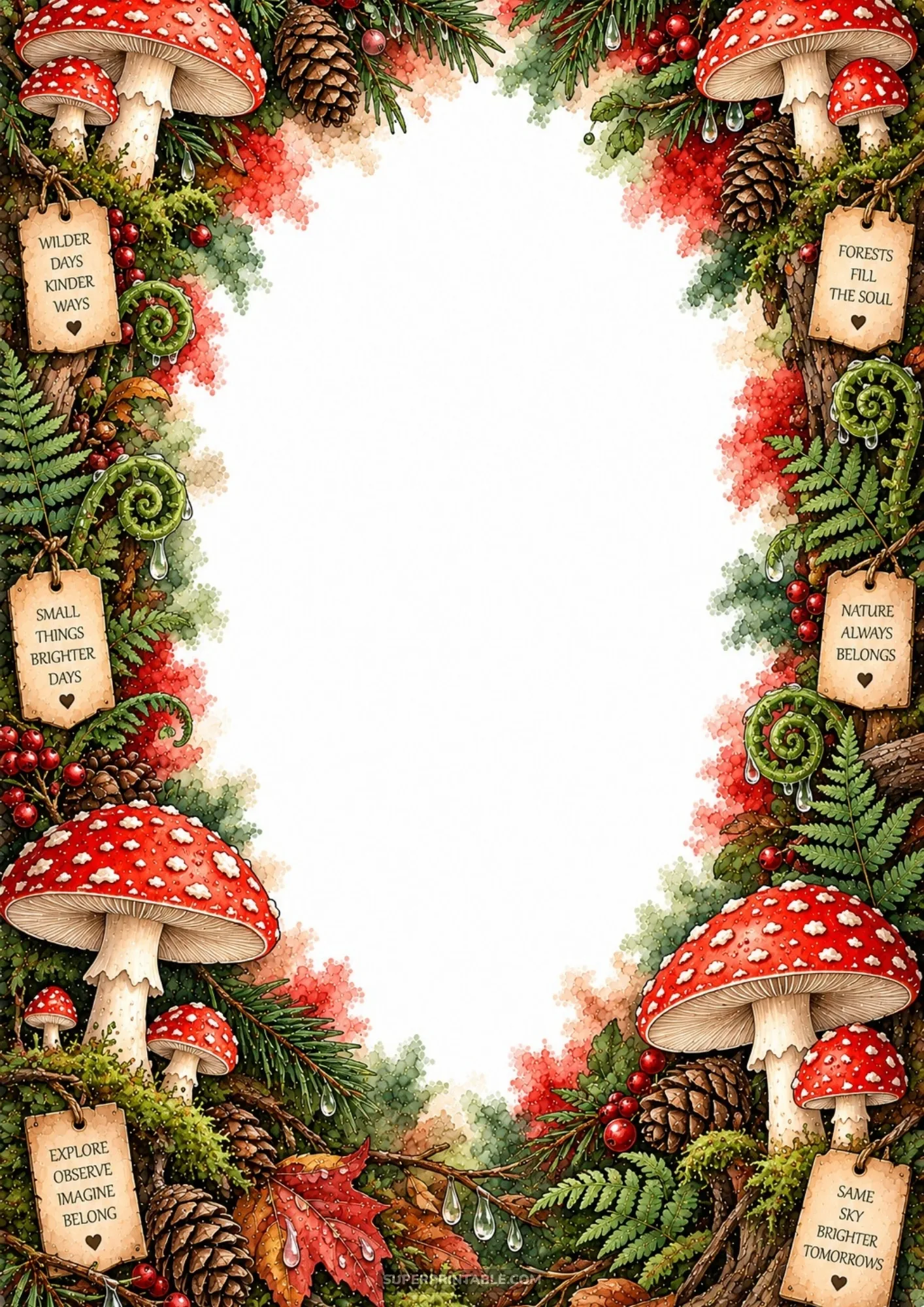 Vibrant woodland mushroom border with red fly agaric toadstools, pinecones, ferns, and paper tags.