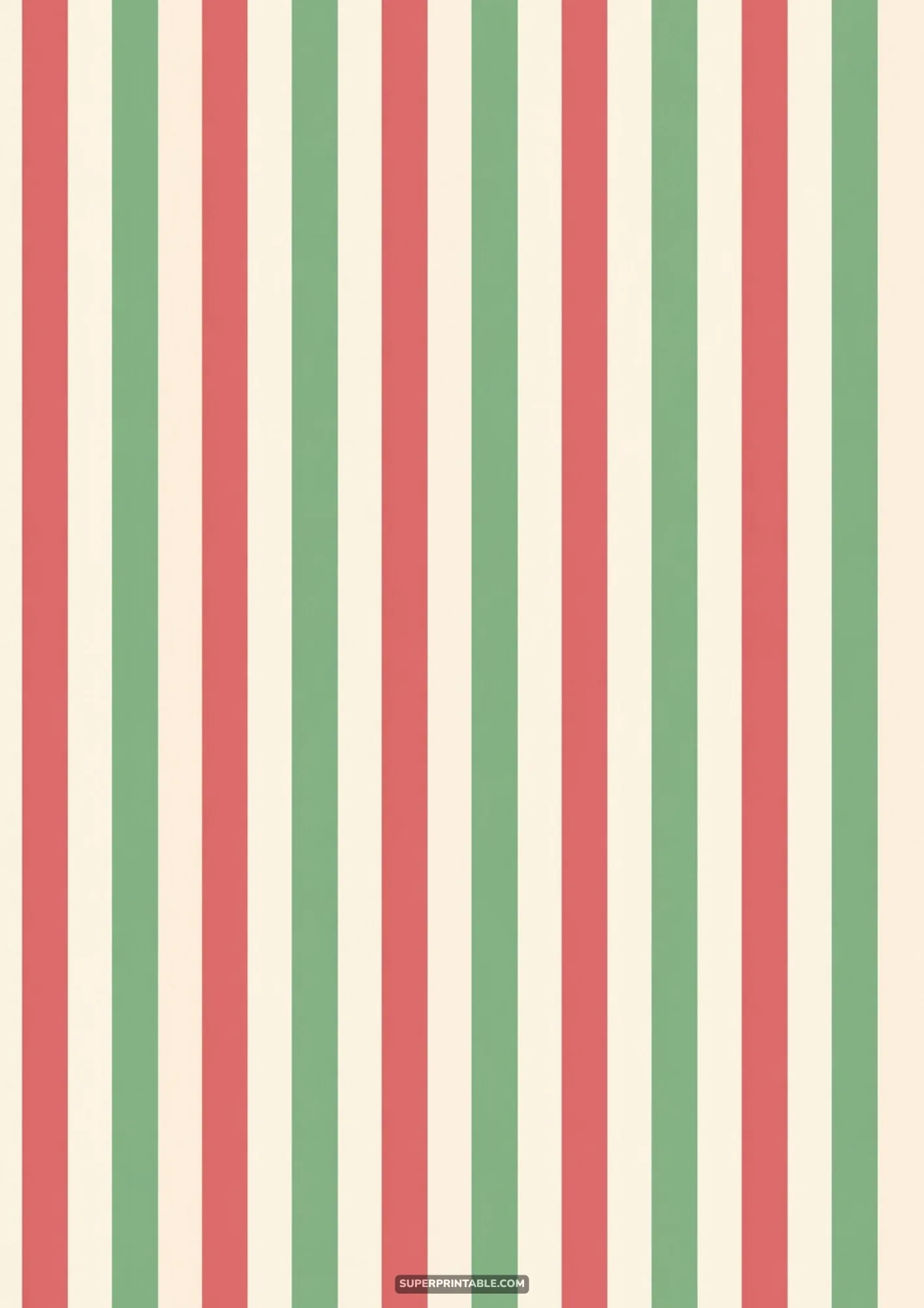 Straight vertical stripes in muted Christmas red, sage green, and vintage cream tones.