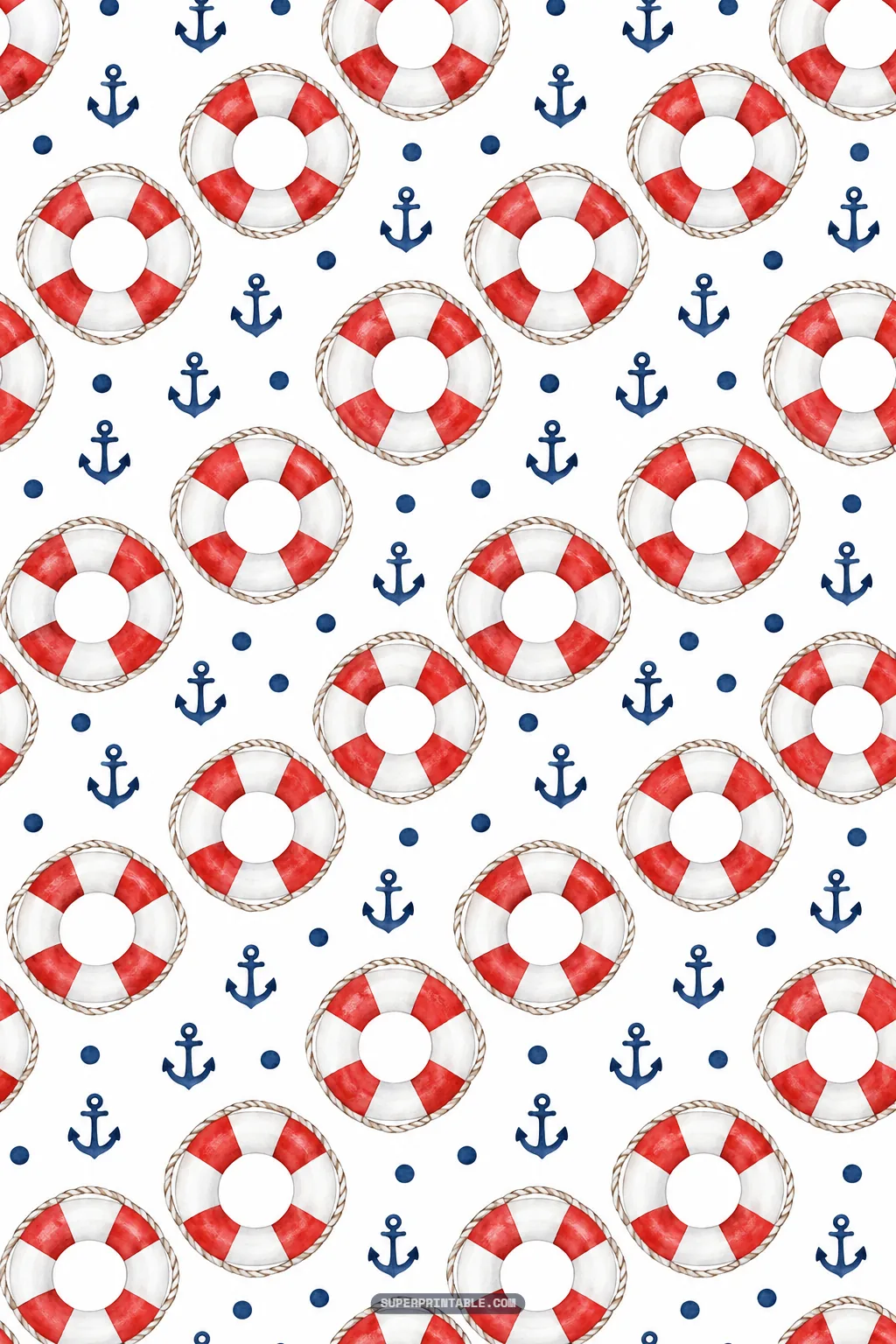 Red and white life preserver rings with coiled ropes beside small navy blue anchors and polka dots