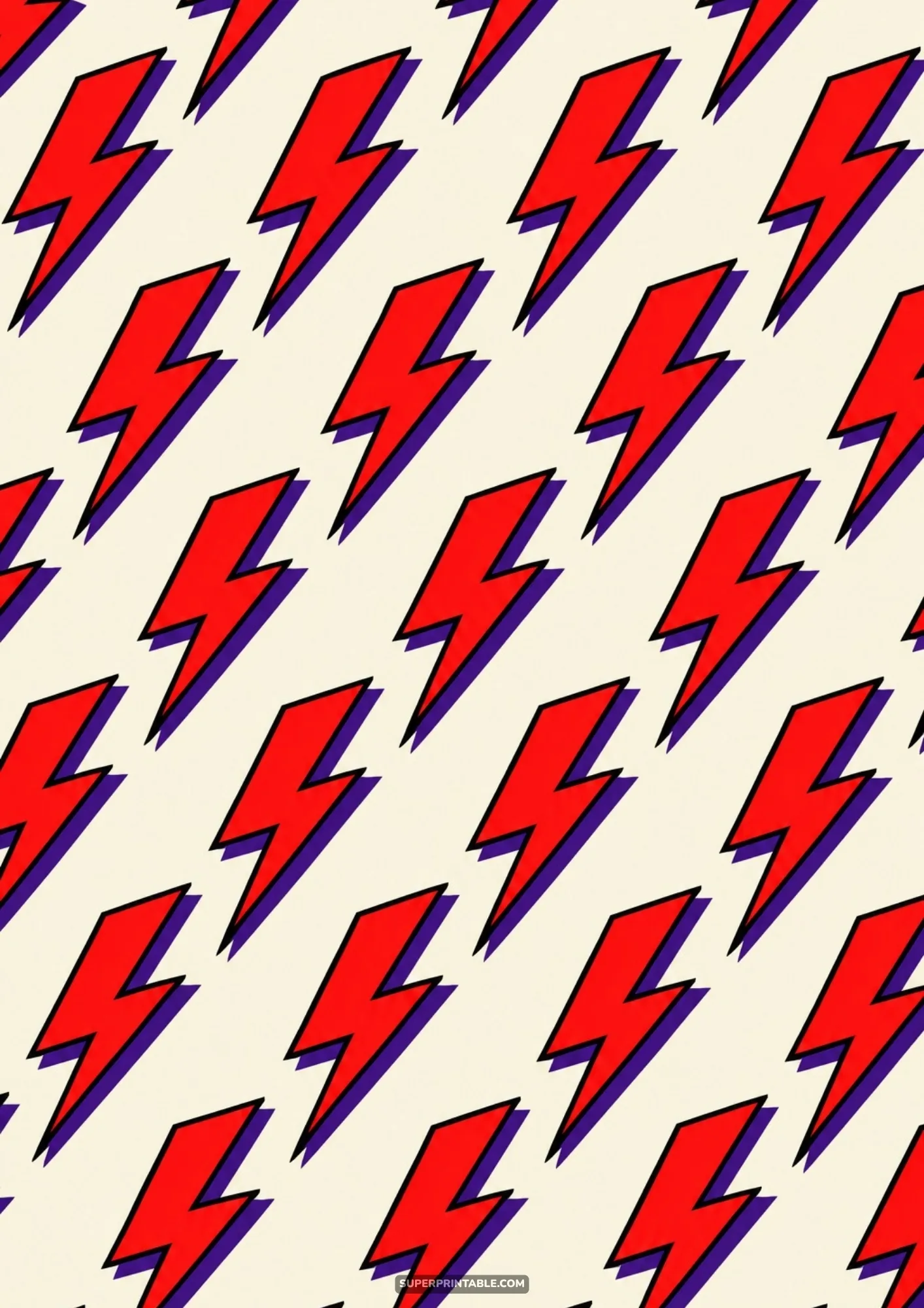 Bold red lightning bolts featuring deep purple drop shadows arranged diagonally across cream cardstock.