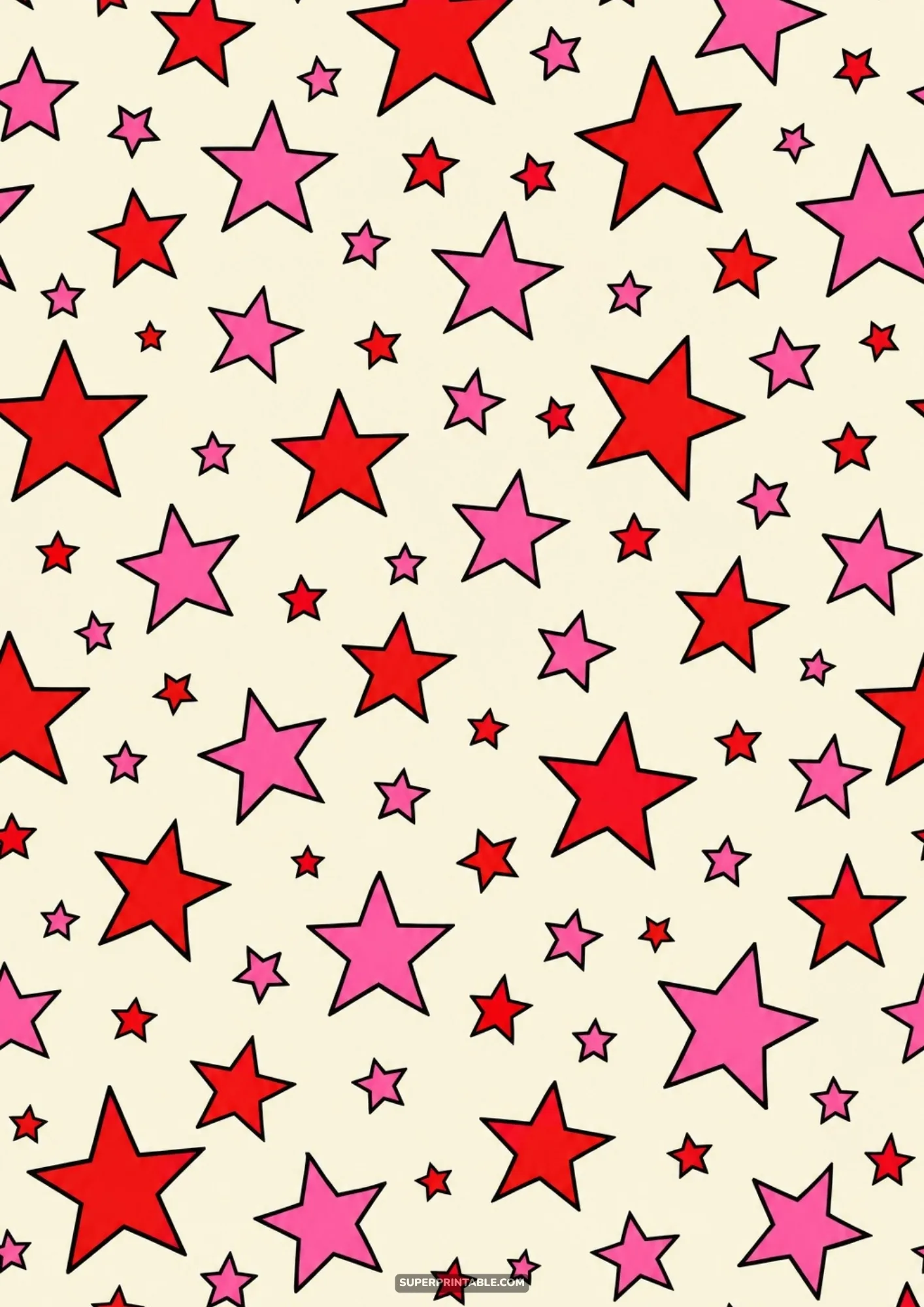 Playful retro vibes patterned digital papers featuring red and pink stars with black outlines on cream background.