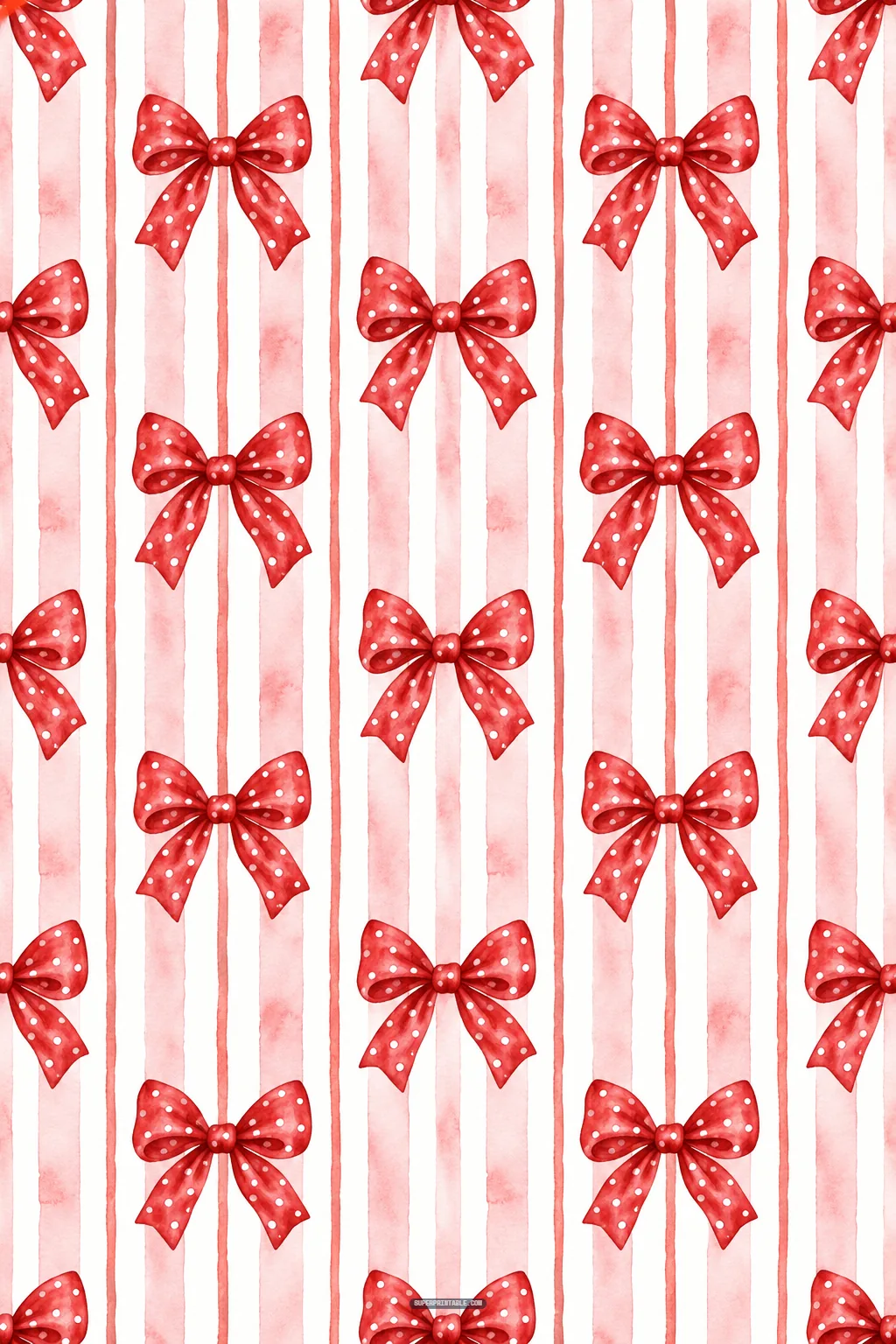 Red bow digital papers showing polka dot bows on soft pink watercolor stripes