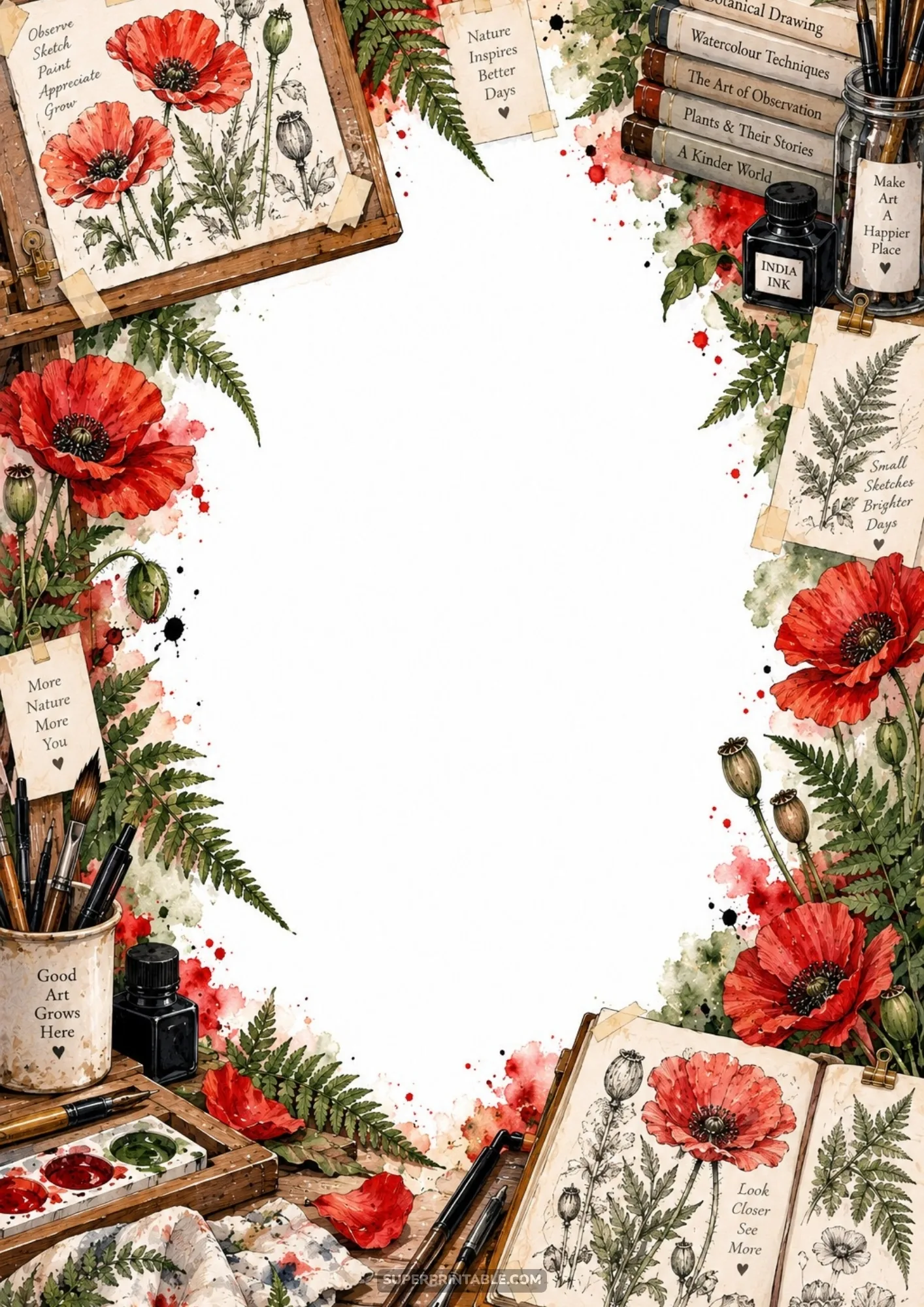 Vibrant red poppies, fern leaves, open botanical notebook, and ink bottles bordering a printable page.
