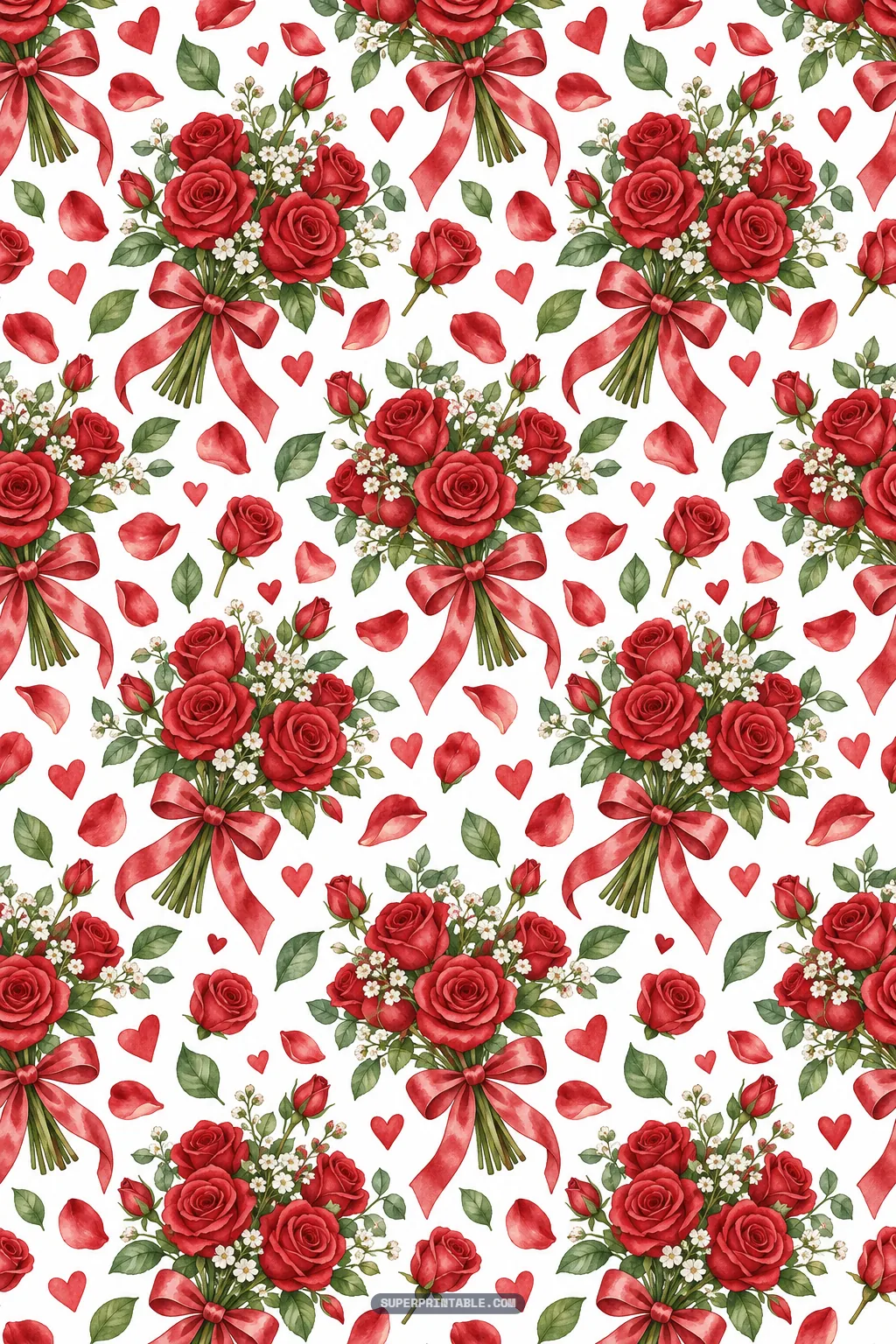 Valentines day digital papers design of lush red rose bouquets tied with crimson satin bows