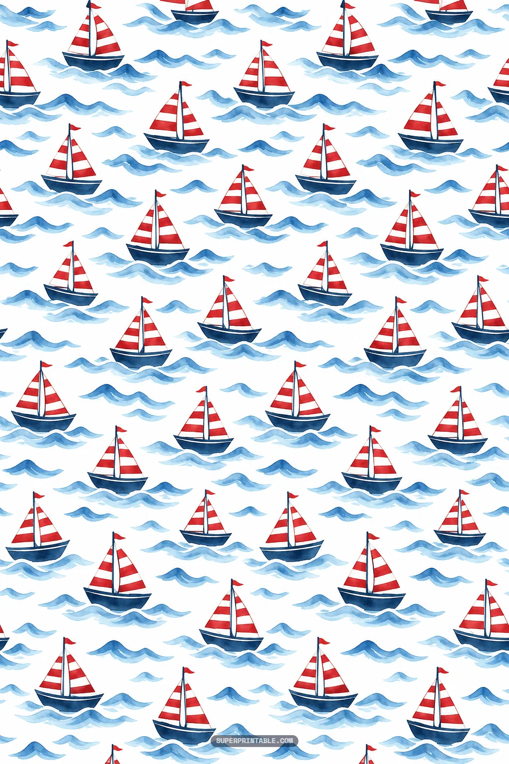 Watercolor sailboats featuring red and white striped sails cruising over gentle blue ocean swells