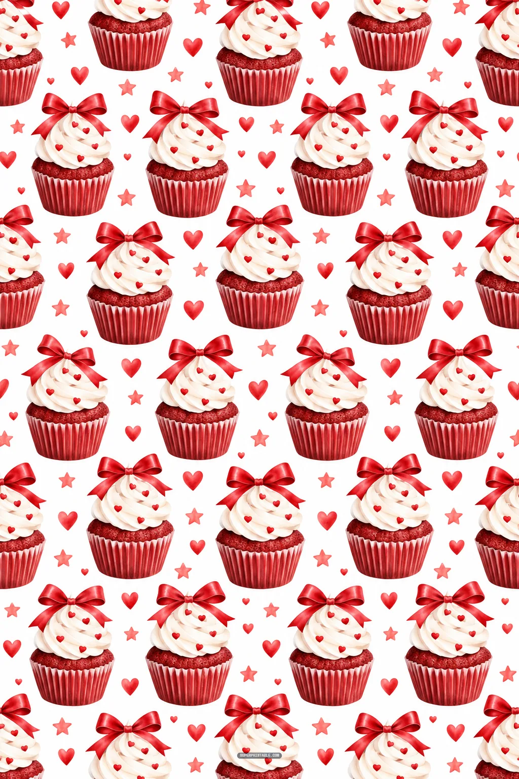 Gourmet red velvet cupcakes with swirls of frosting, candy hearts, and red bows