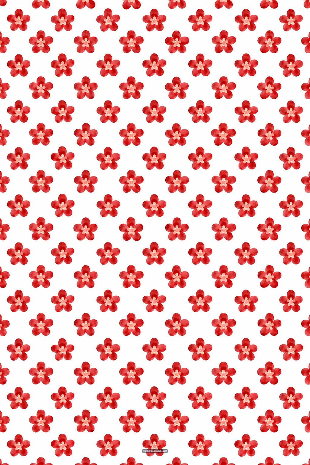 Pretty watercolor red blossoms with five petals arranged in a diagonal pattern