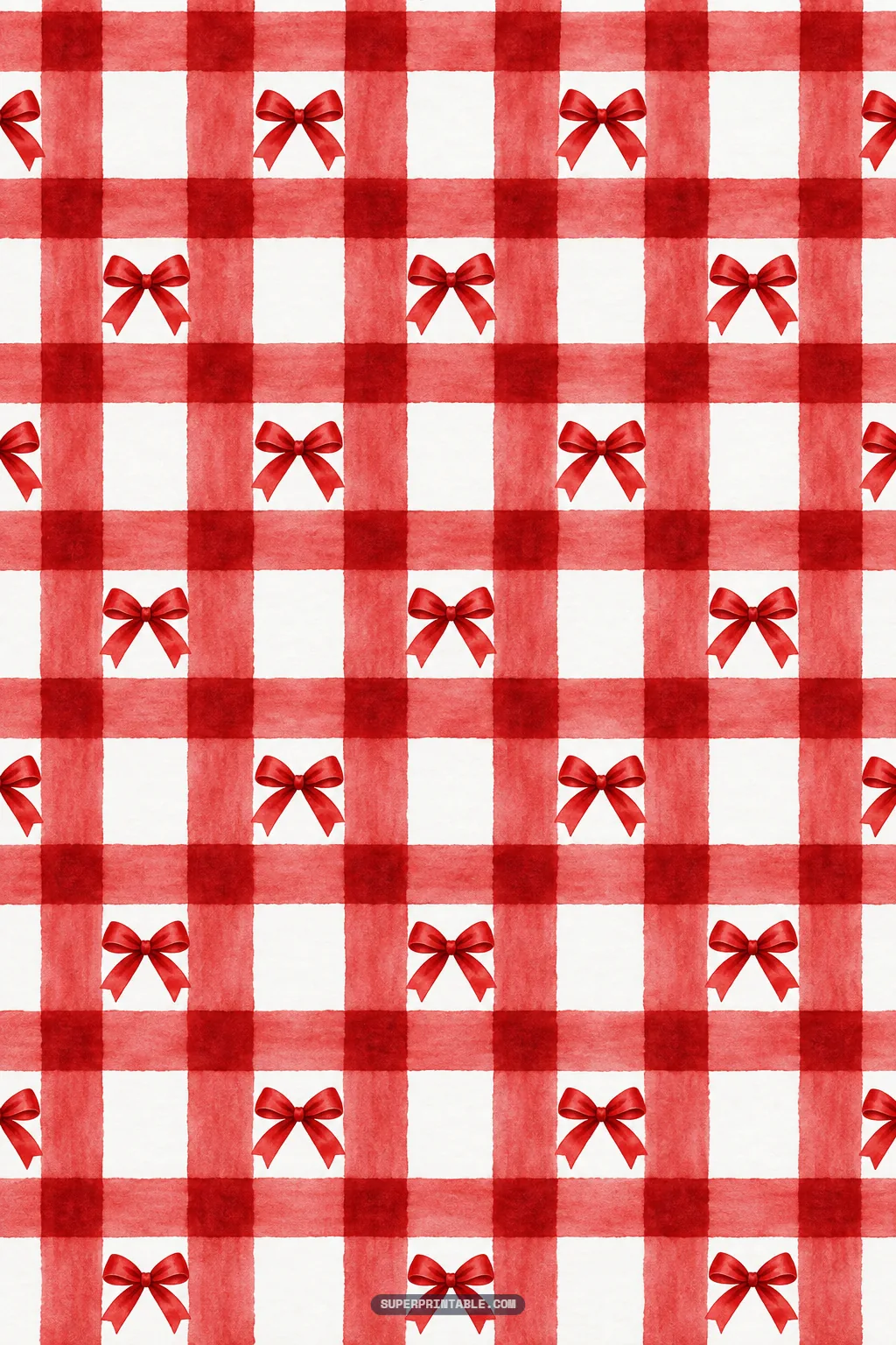 Red and white watercolor gingham plaid check pattern accented with small tied red bows for festive crafts