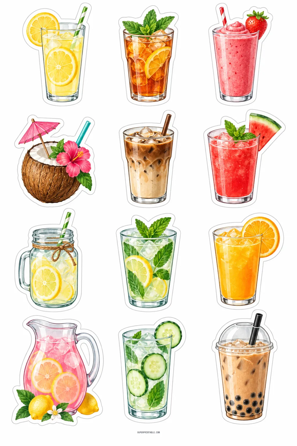 Refreshing summer drinks stickers with iced tea, fruity lemonade, coconut cocktail, and boba milk tea