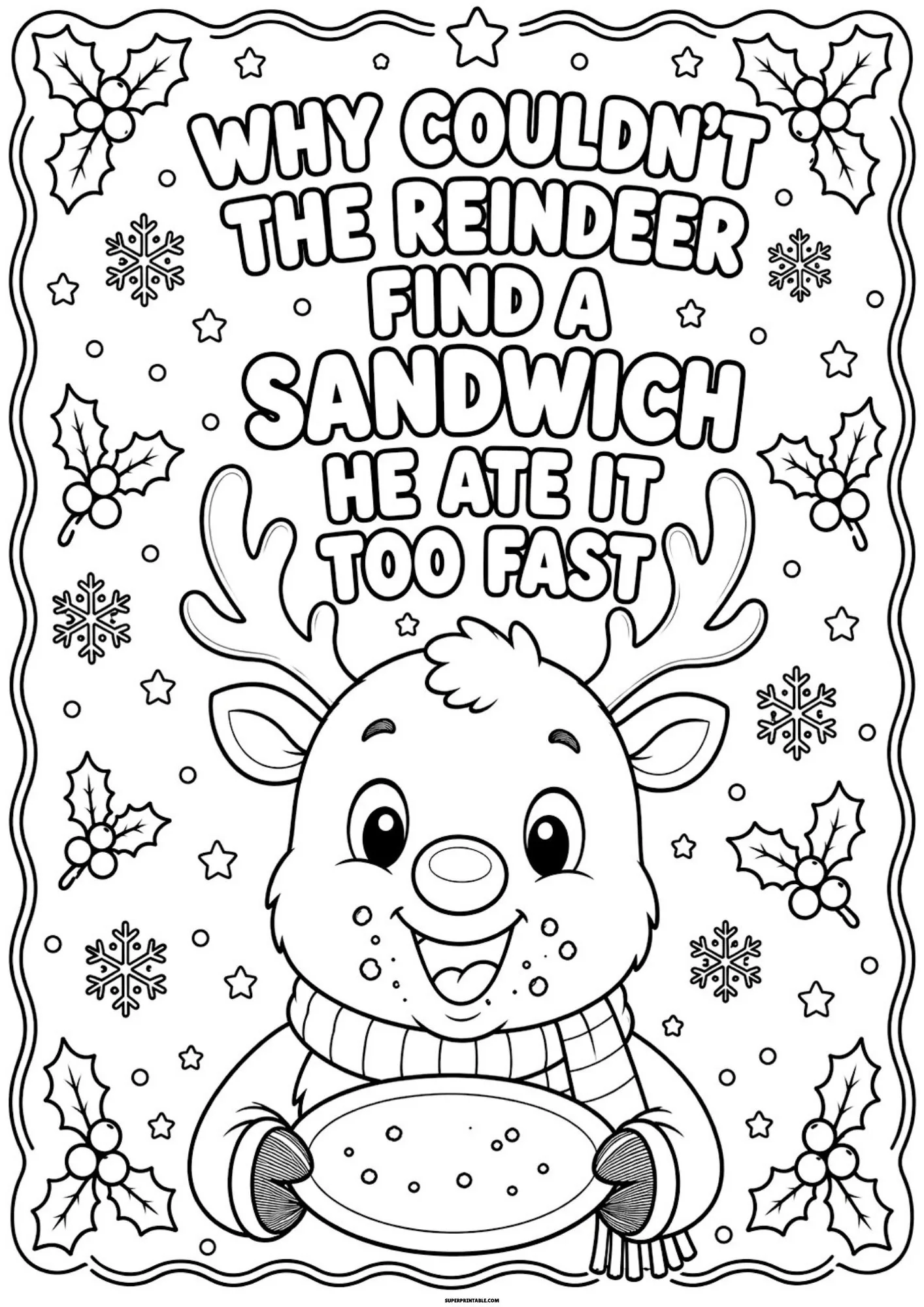 Smiling reindeer holding an empty plate after finishing a snack quickly.