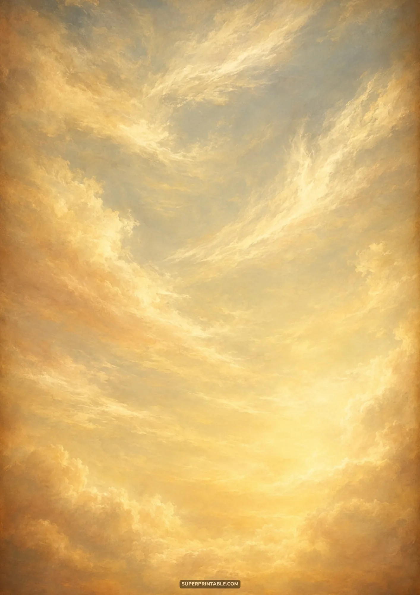 Classical oil painting style cloudscape featuring golden ochre light and sweeping wispy clouds
