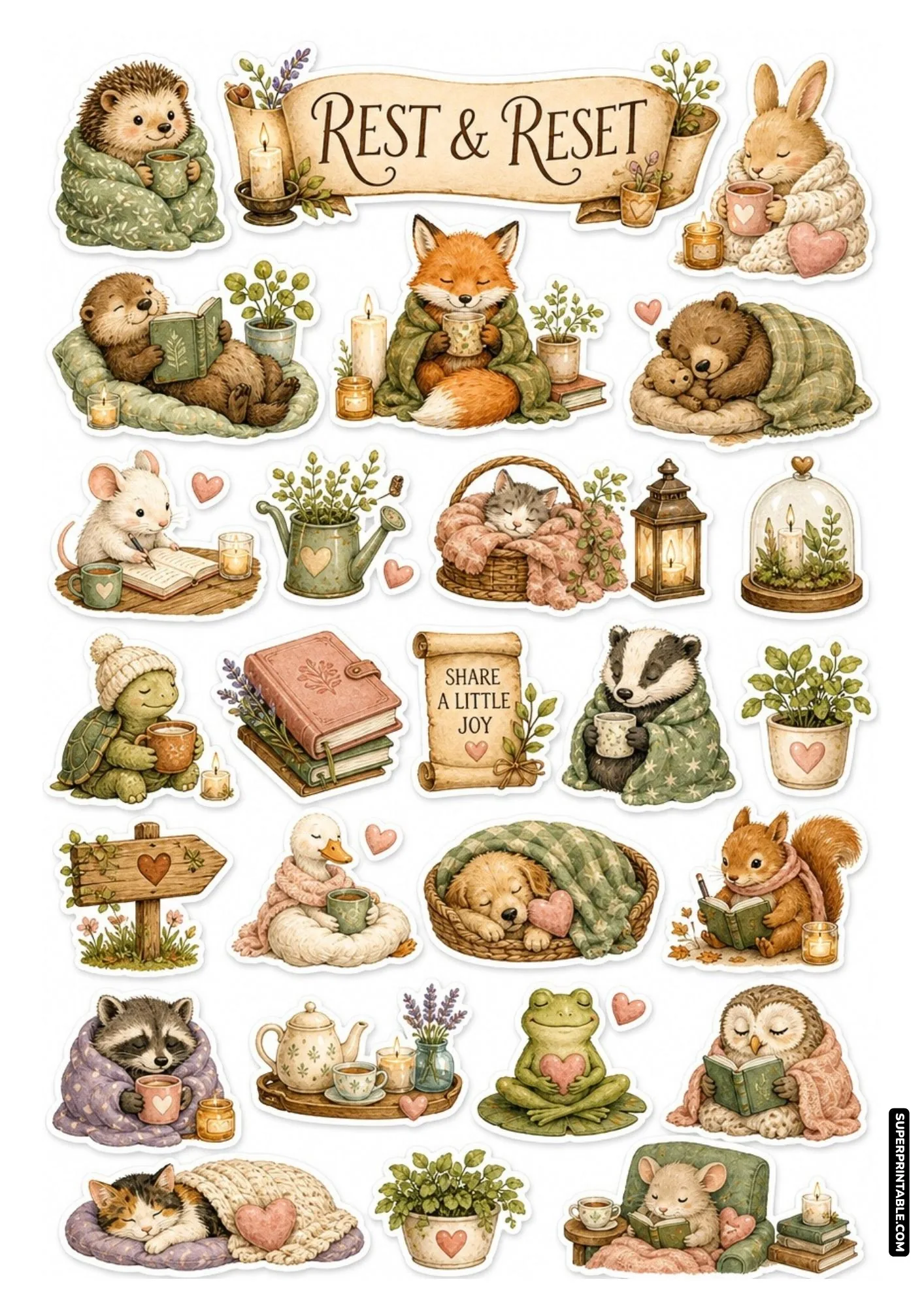 Printable healing self care sticker sheets featuring cozy woodland animals resting under blankets with warm tea.