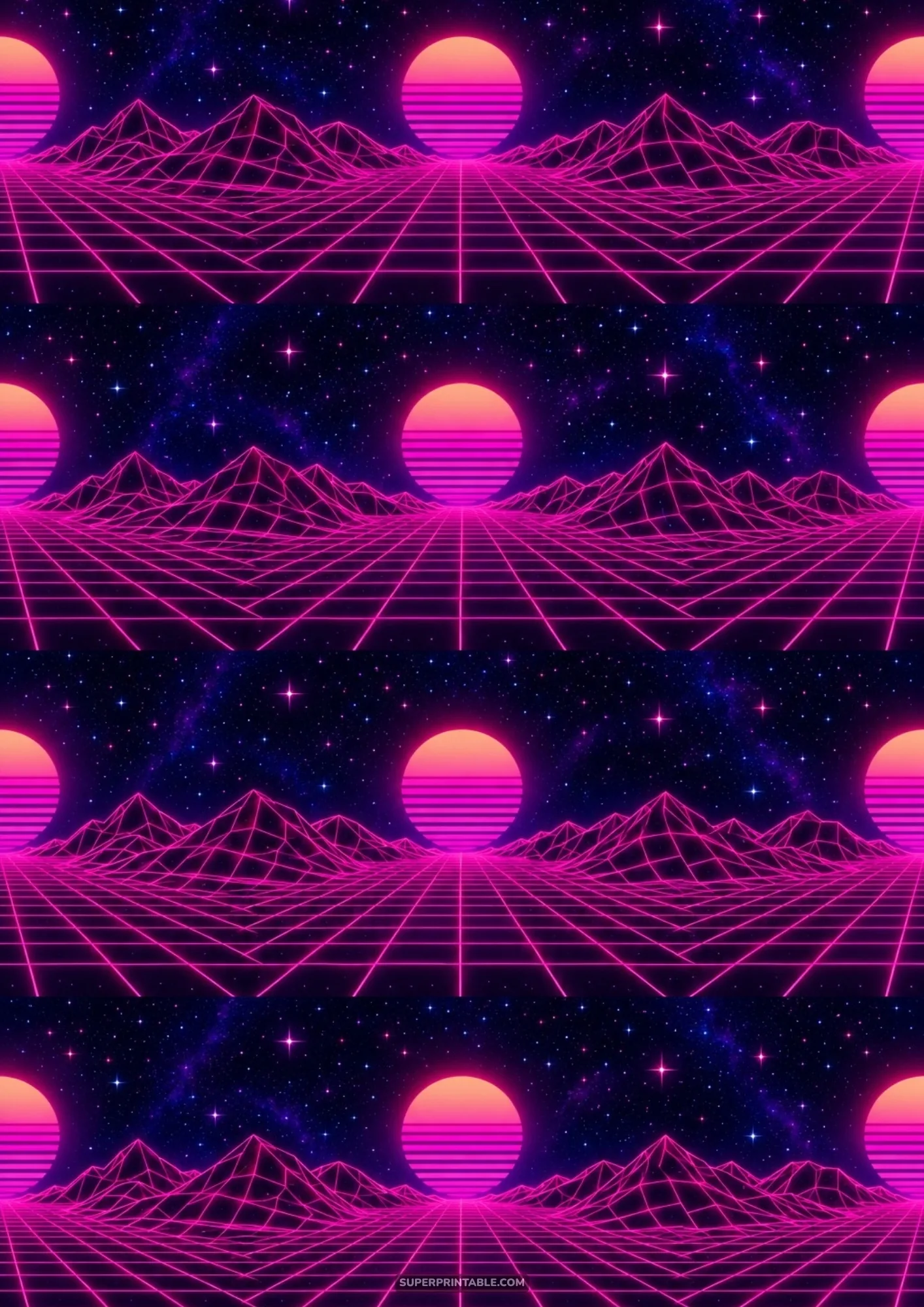 Retro 80s synthwave horizon with pink neon wireframe grid landscape and setting striped sun pattern