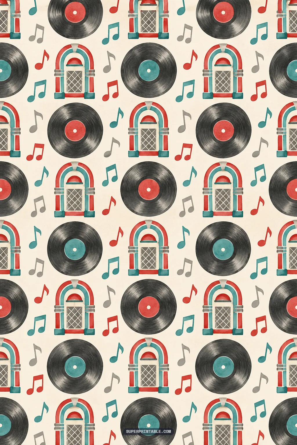 Vintage jukeboxes with red and teal accents, black vinyl 45 records, and musical notes on cream paper