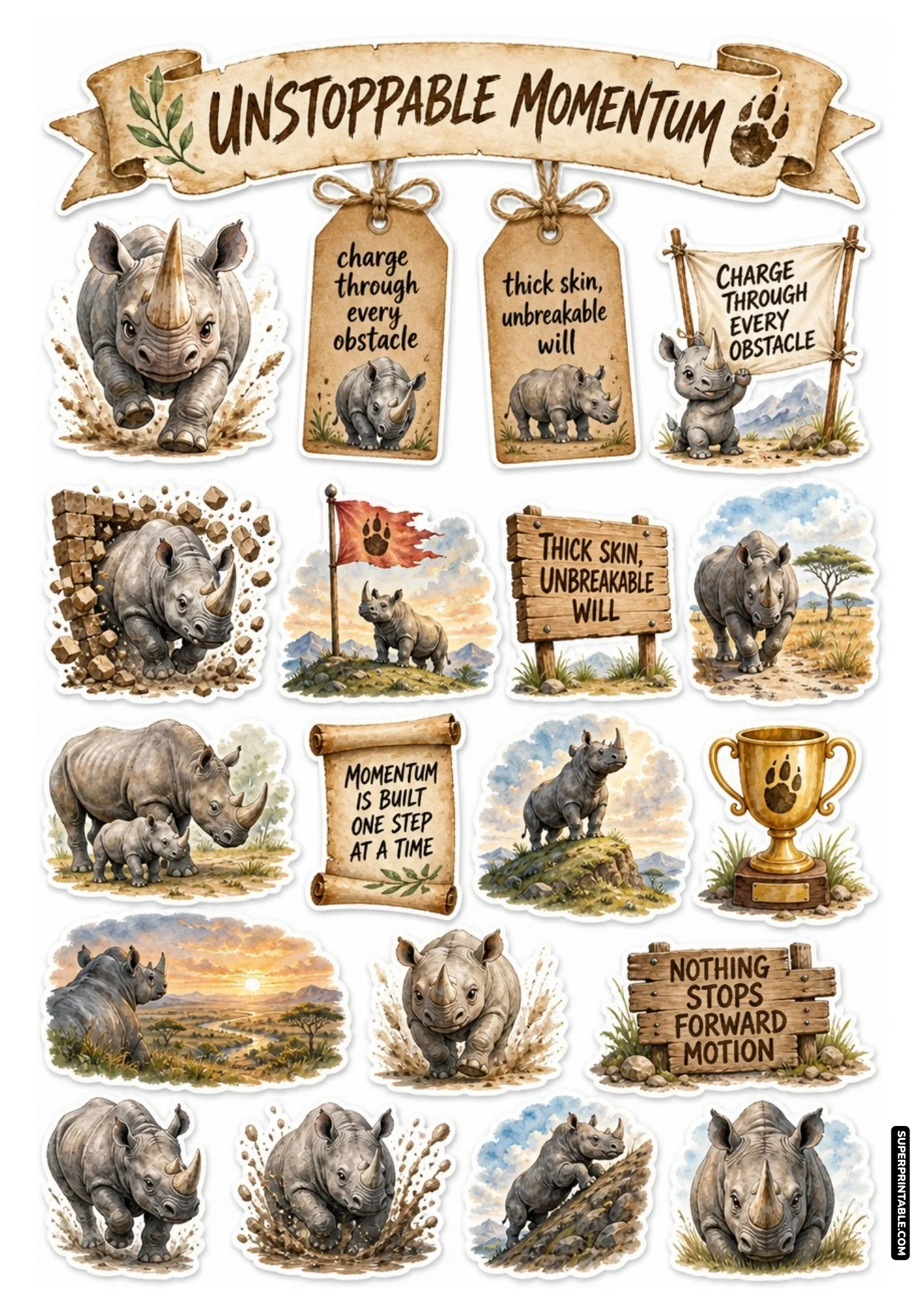 Powerful rhinoceros sticker sheet with charging wildlife illustrations and rustic wooden quote signs