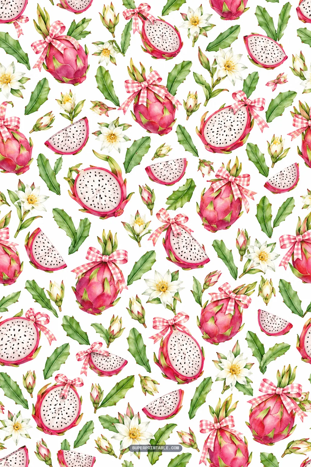 Whole and sliced dragon fruits adorned with pink gingham ribbon bows among white blossoms.