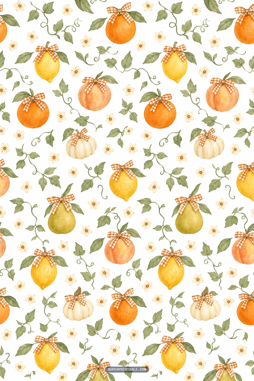 Charming autumn fruit digital paper pattern with ribbon tied lemons peaches and white pumpkins on vines