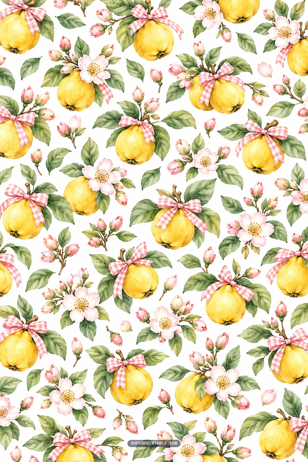 Golden quinces tied with pink gingham bows surrounded by floral orchard blossoms