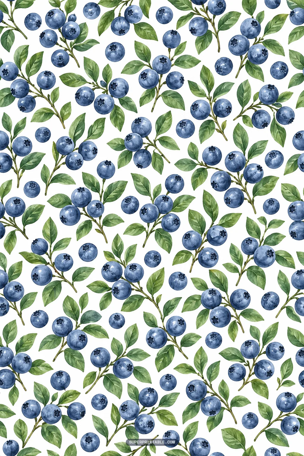 Lush watercolor clusters of ripe blueberries with green leaves scattered across a clean white backdrop