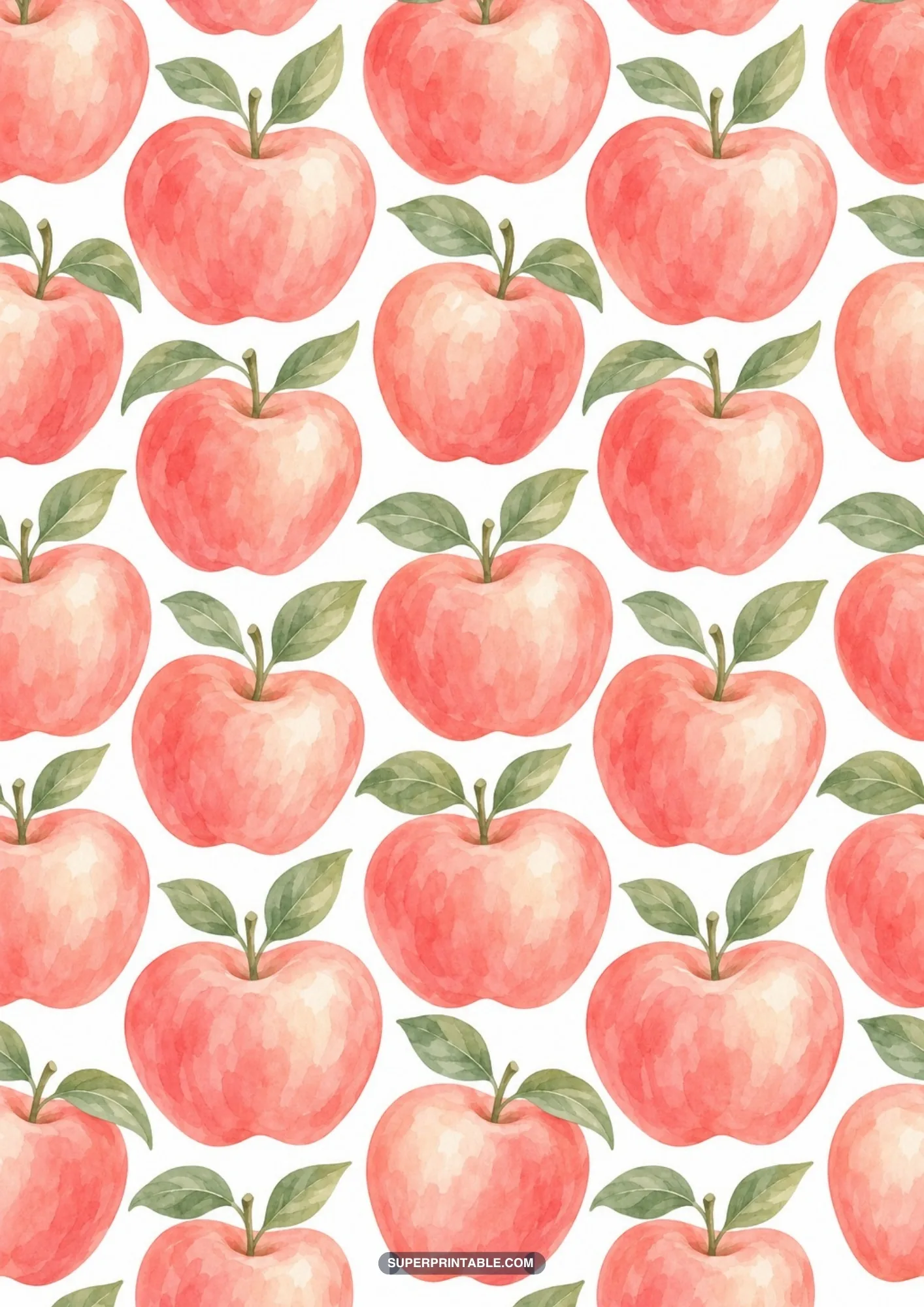 Bold repeating arrangement of plump blushing watercolor apples with green leaves