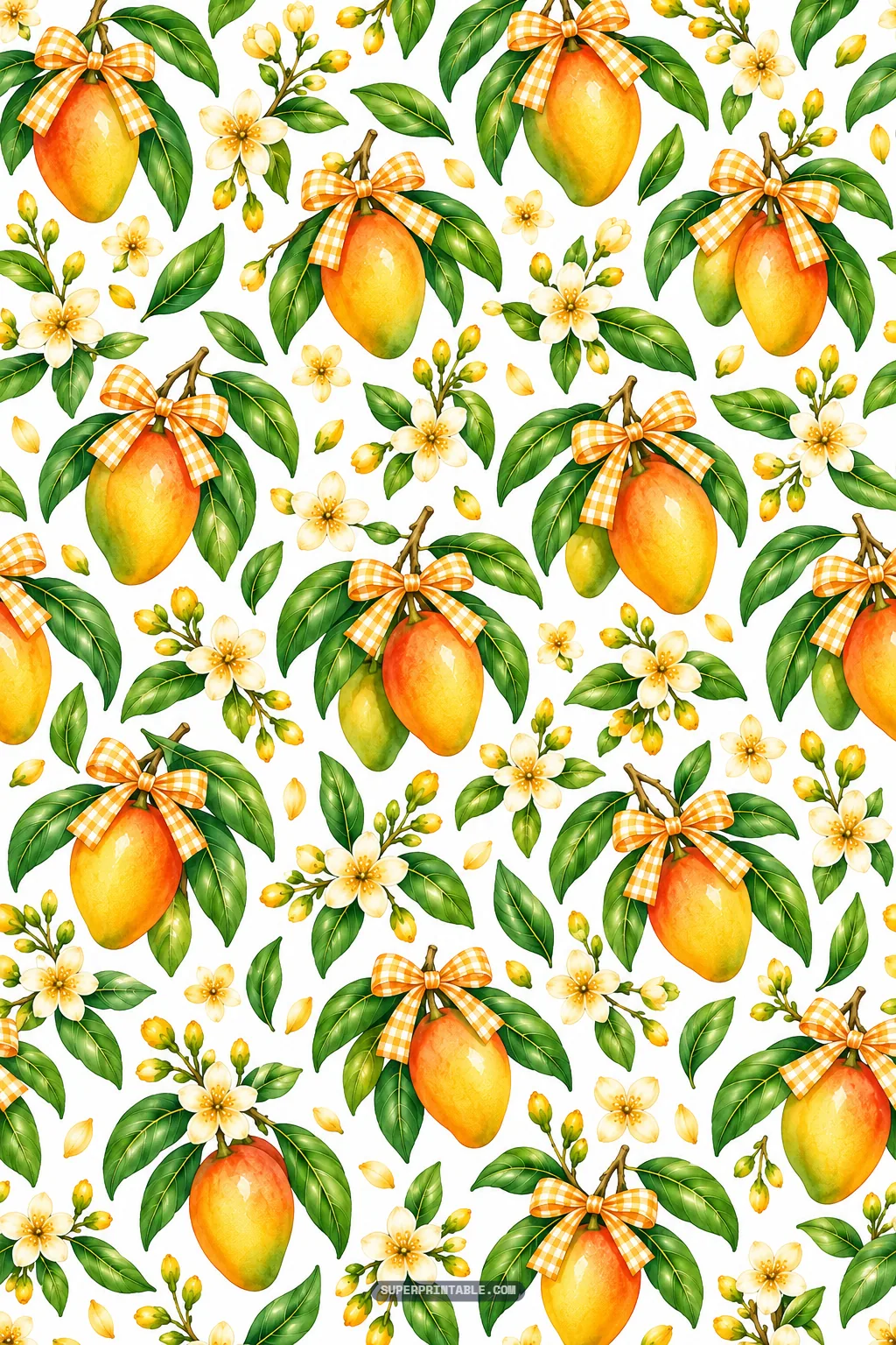 Charming ripe mangoes adorned with orange gingham ribbon bows and delicate orchard blossoms.