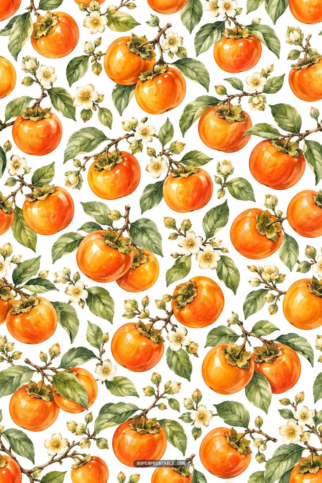 Botanical orchard branches filled with bright orange persimmons and white blossoms across a light background