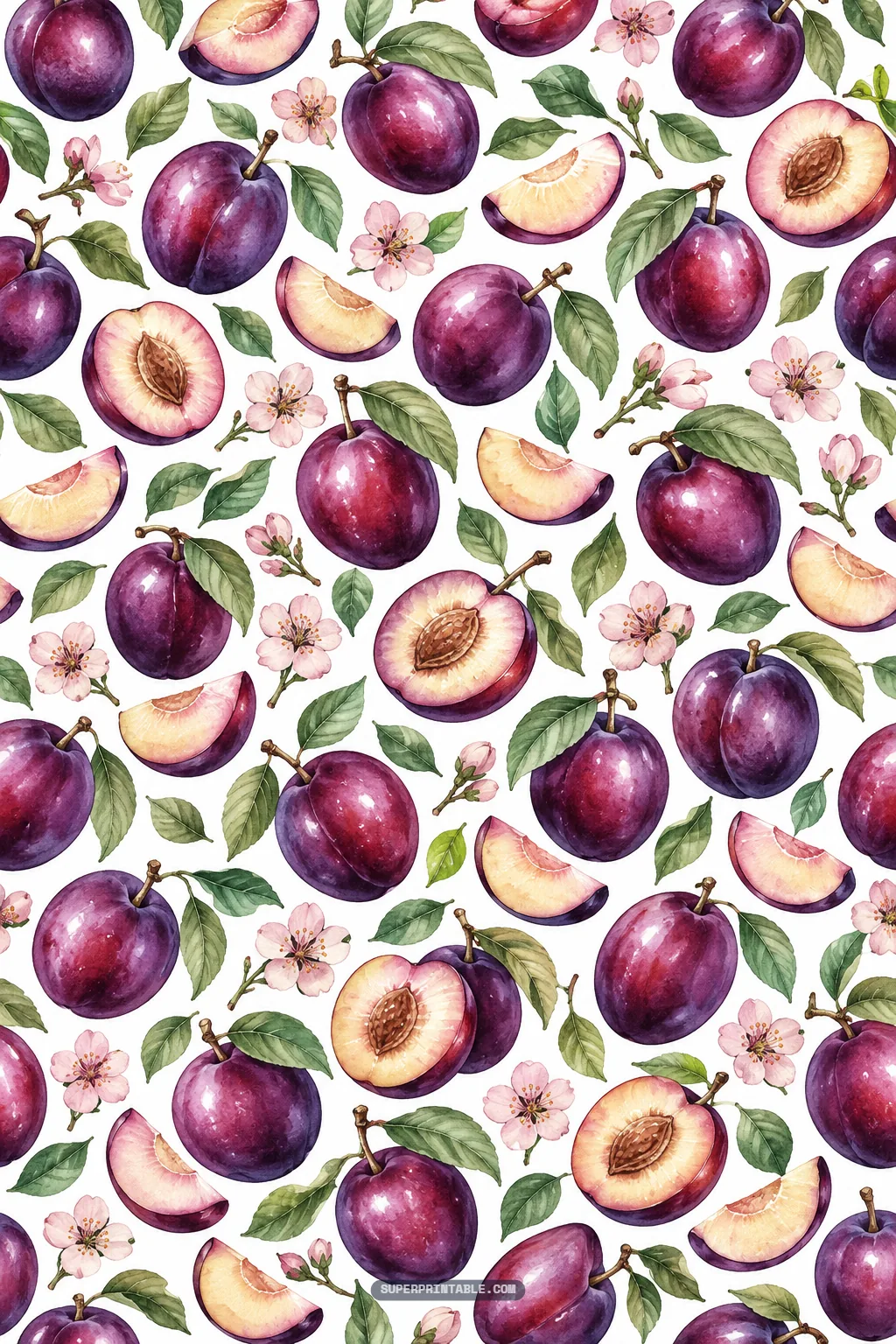 Tossed watercolor plum fruit with juicy cut wedges and pale pink blossoms on white paper