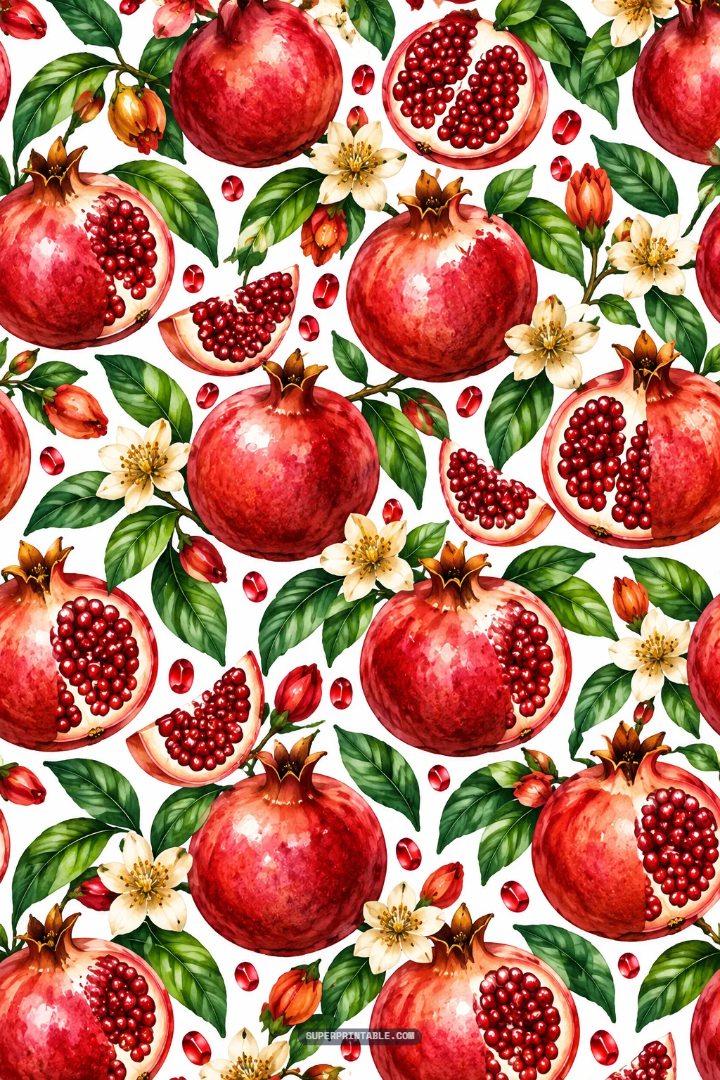 Watercolor pomegranate garden digital papers layout with whole and cut fruit on white