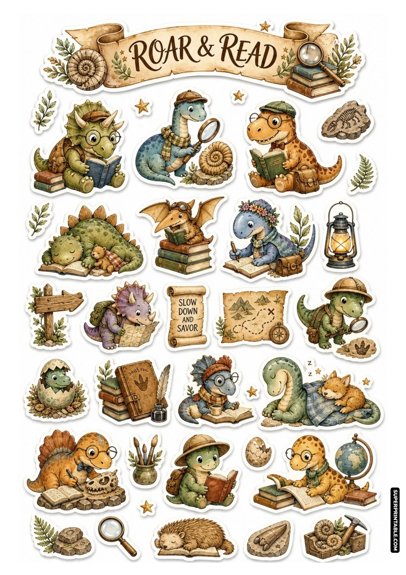 Roar and read sticker sheet featuring cozy reading dinosaurs with quill pens and old maps.