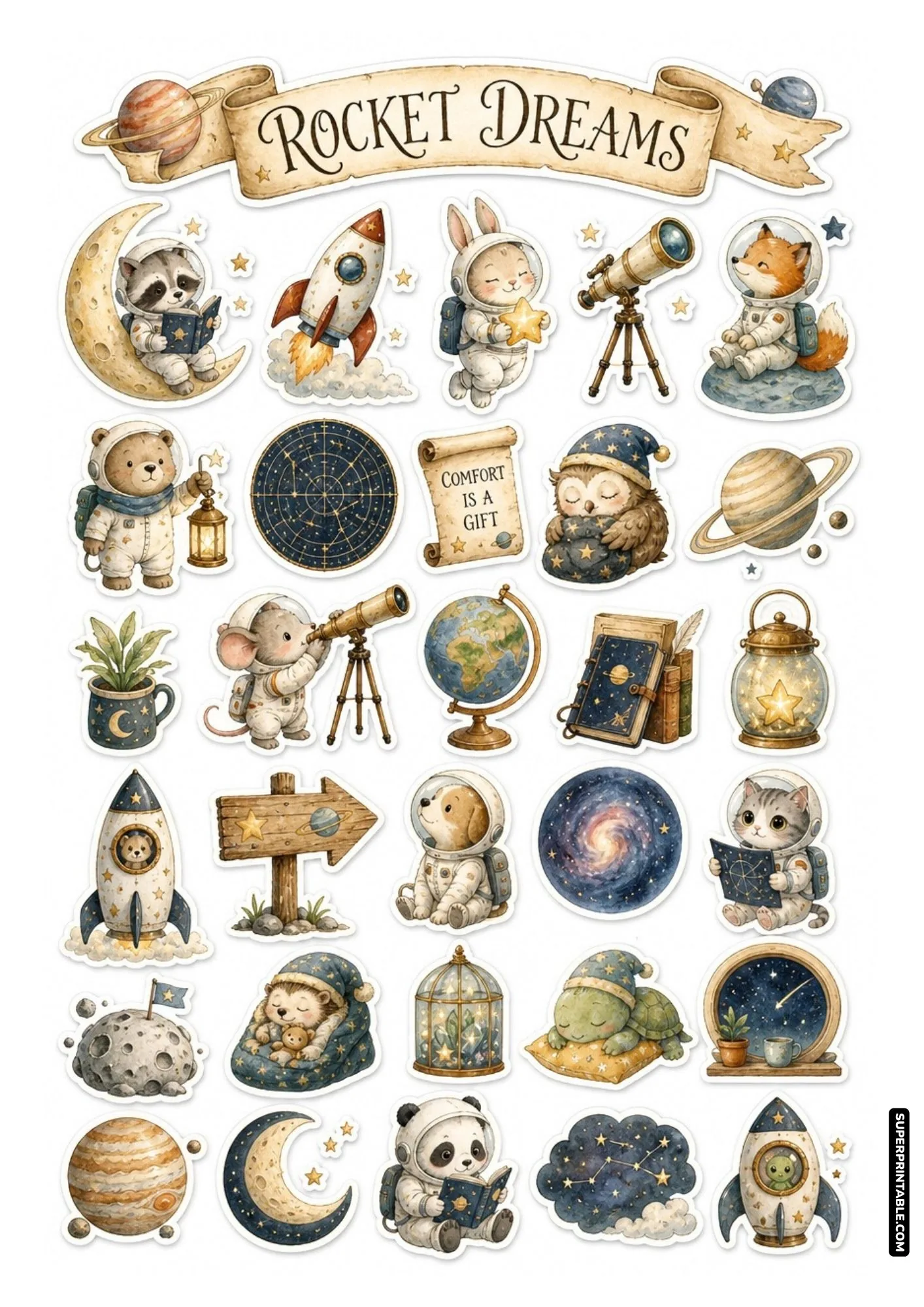 Sticker layout depicting rockets launching into space, sleeping owls, and astronaut mice with telescopes.
