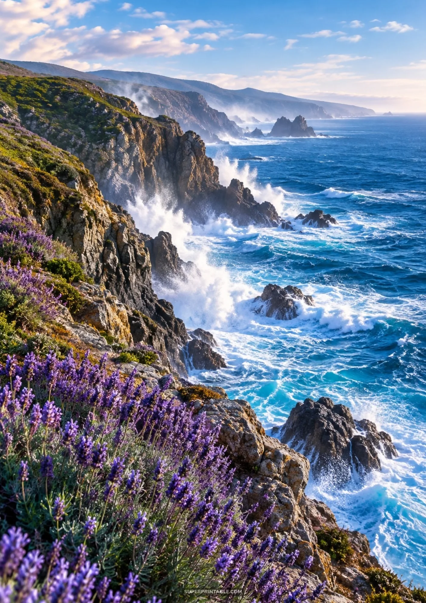 Summer beach digital backgrounds scene of cliffs with blooming purple flowers