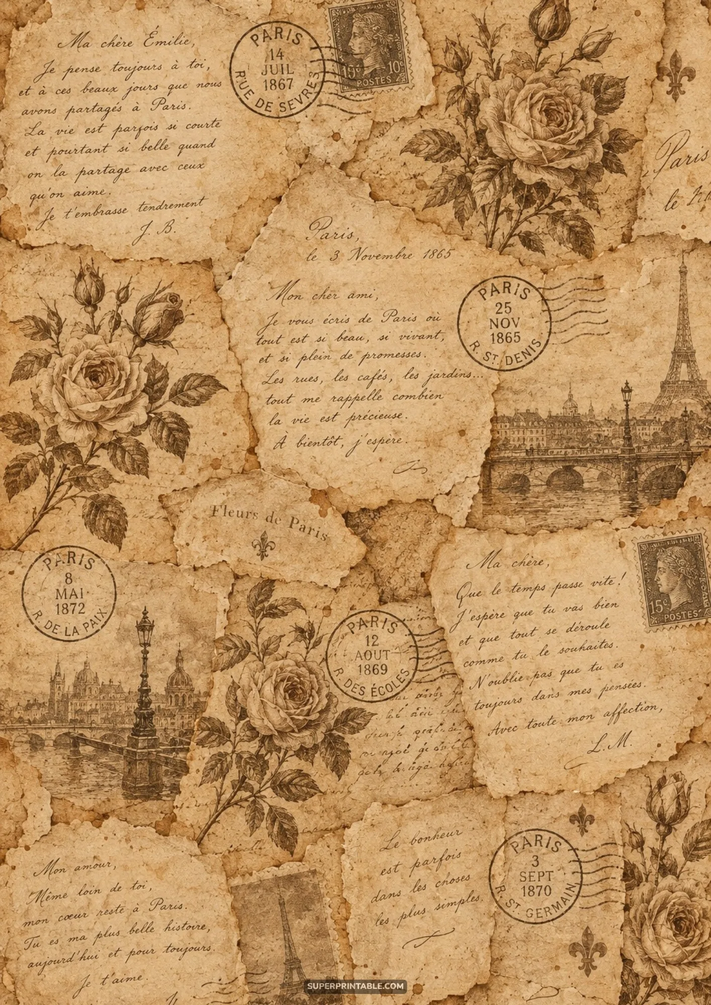 Antique torn French love letters with romantic cursive handwriting, blooming roses, and postmarks