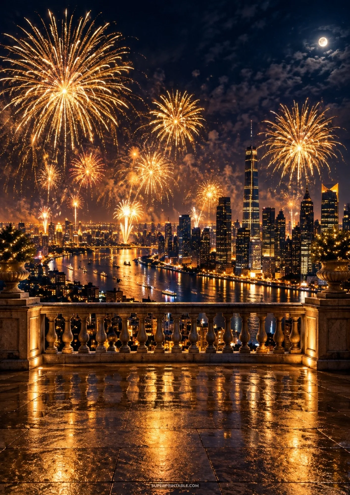 New years eve digital backgrounds showing city skyline and fireworks from balcony