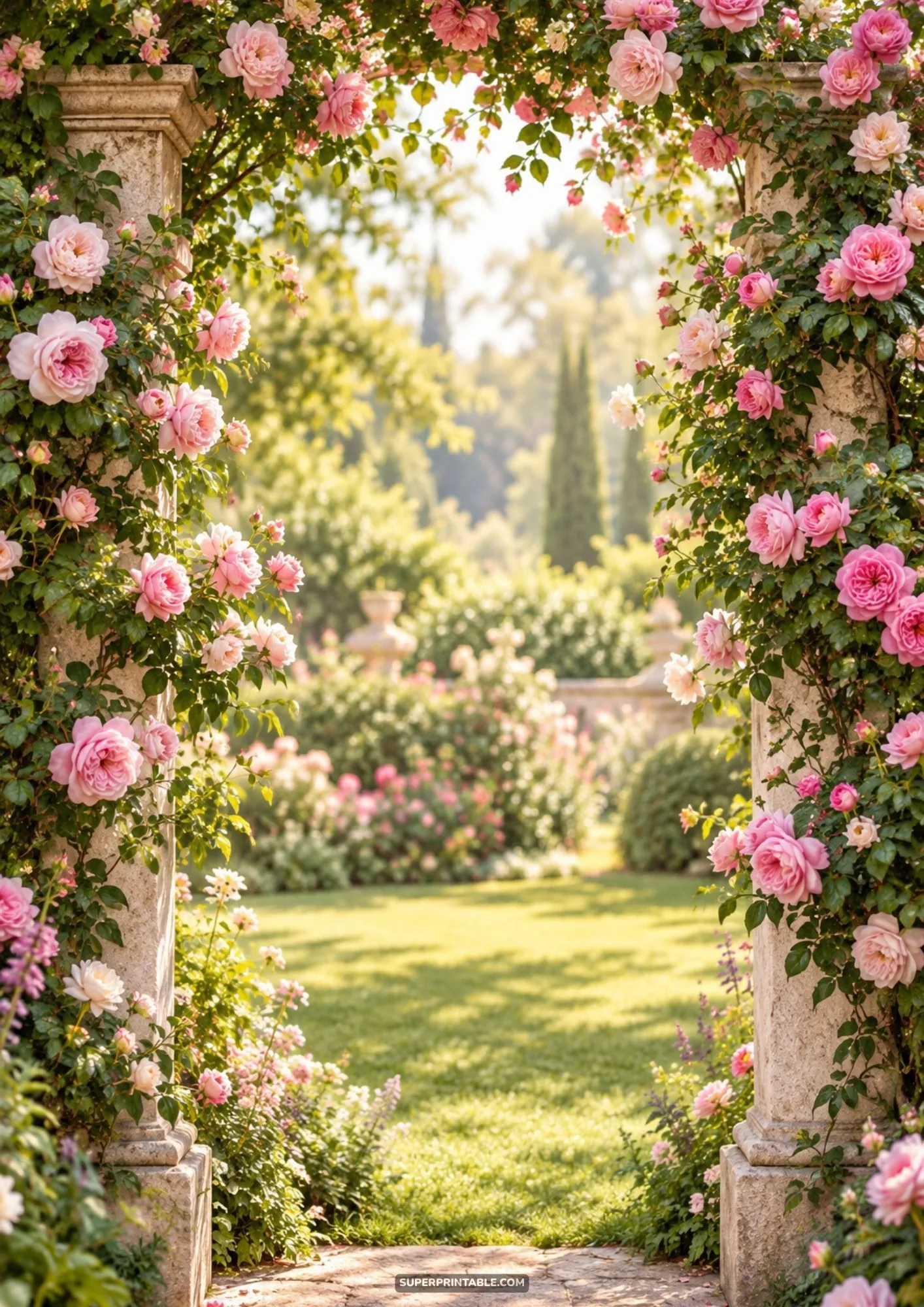 Sun-drenched garden entrance through a classic stone archway wrapped in blooming pink climbing roses