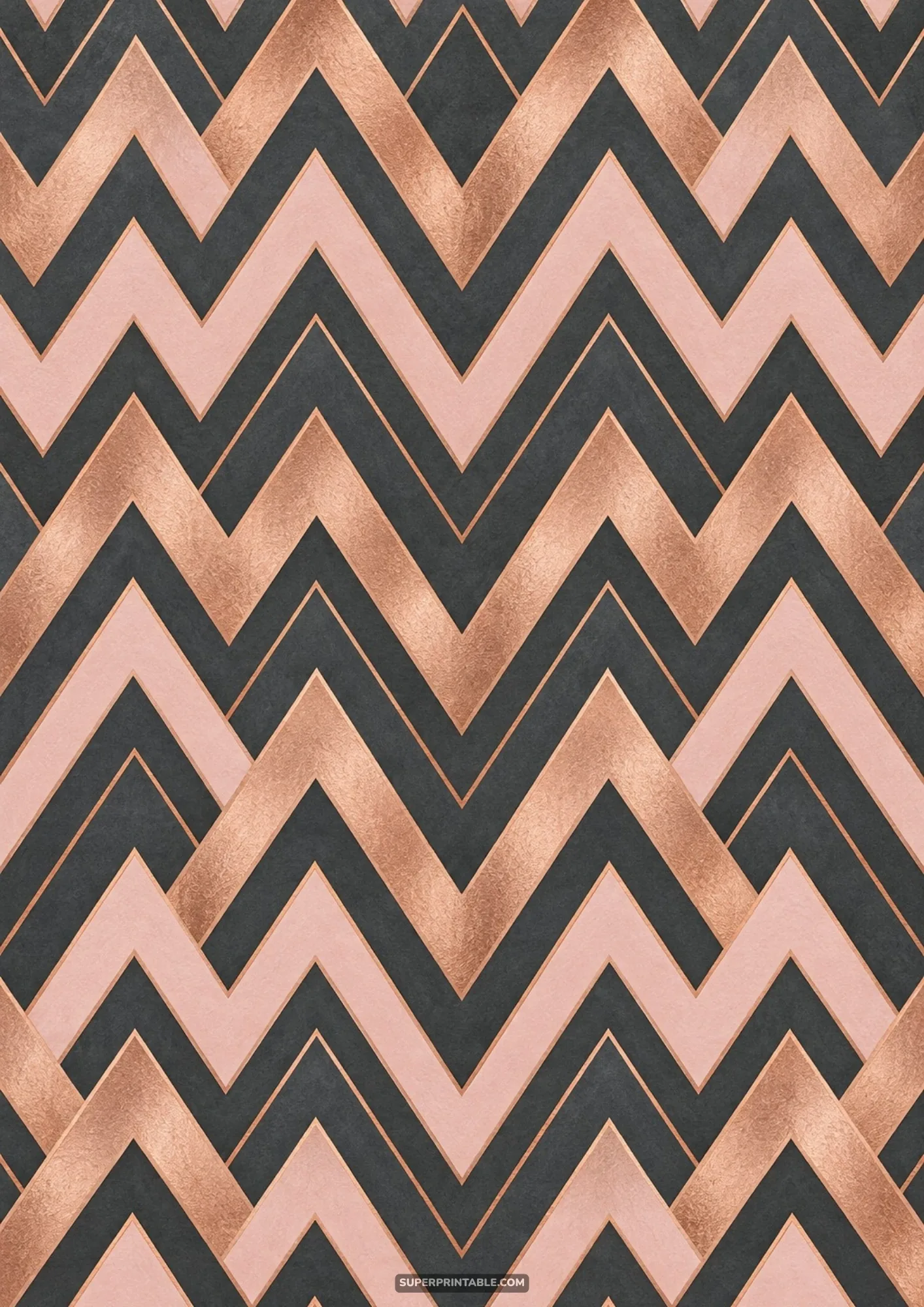 Graphic chevron zigzags in shimmering rose gold, blush pink, and charcoal grey tones